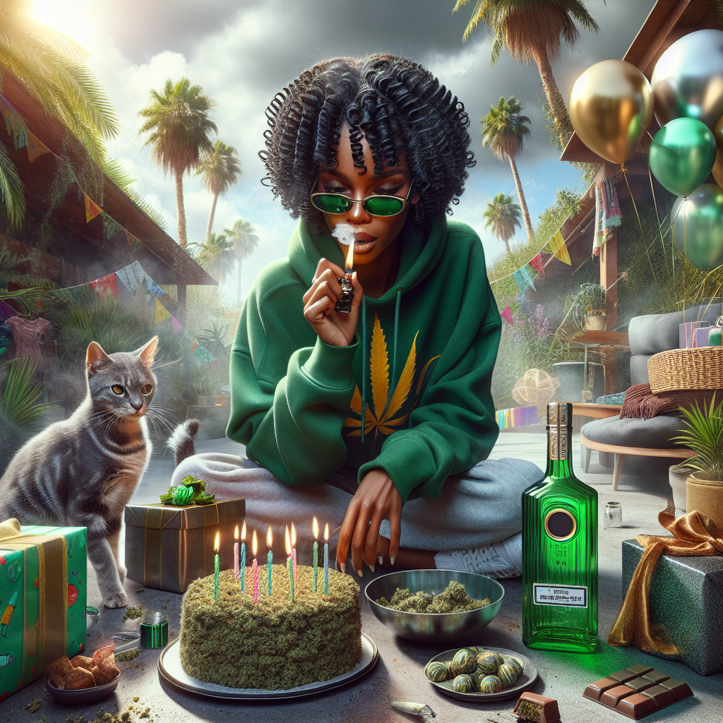 Mixed race black woman smoking weed with coil curly black hair wearing a green hoodie, Tabby cat kitten, Birthday cake celebration, Green, Smoking marijuana weed cannabis, Presents and balloons, Sunglasses,  Bottles of gin, Pistachios chocolates cakes snack, and Palm trees outdoors Birthday Card