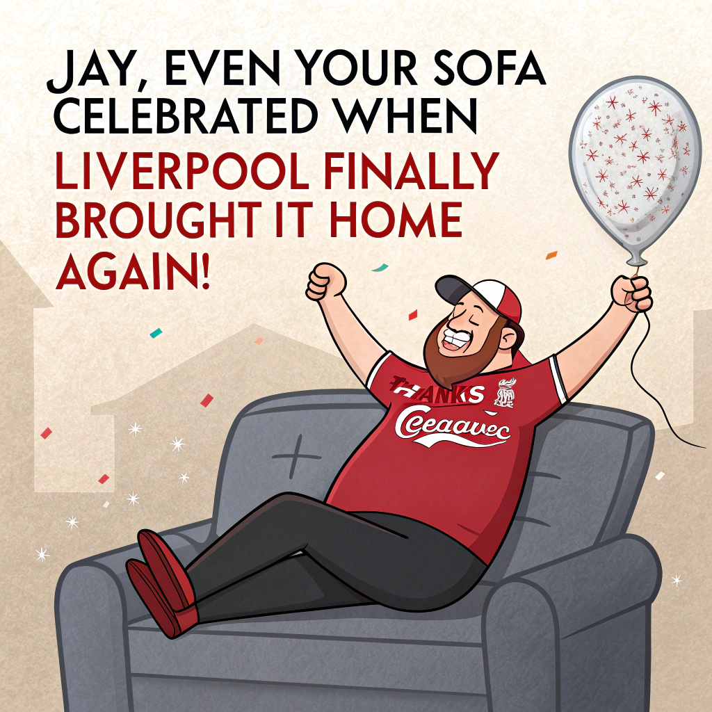 At the top of the image, "Jay, even your sofa celebrated when Liverpool finally brought it home – again!"

- In the center of the image, illustrate a quirky cartoon scene featuring a grinning man (Jay) lounging triumphantly on a grey sofa. He’s wearing a Liverpool FC shirt that’s clearly a size too tight (emphasizing birthday belly pride), and a Liverpool FC baseball cap perched sideways on his head.  

- He's holding a glitter-covered trophy-shaped balloon that says “Thanks a League!” while throwing glitter into the air like confetti.

- Perched beside him is a sad, slightly wilted houseplant with a mini scarf around its pot reading “You’ll Never Wilt Alone.”

- In the background, there's a huge glittery banner strung across the room reading “Champions AGAIN (and Jay still hasn't moved from the sofa since!)”

- On the floor, several pizza boxes and birthday hats surround him, along with a single party popper hanging off the edge of the couch like it gave up.  

- The whole scene should have a sparkly, chaotic charm – glitter everywhere, exaggerated expressions, and full cartoon-style silliness to thank Jay with football-themed hilarity.
Generated with these themes: Man, Birthday, Liverpool fc shirt, Liverpool fc baseball hat, Liverpool are league champions, Grey Sofa, One houseplant, Lots of glitter, , , and .
Made with ❤️ by AI.