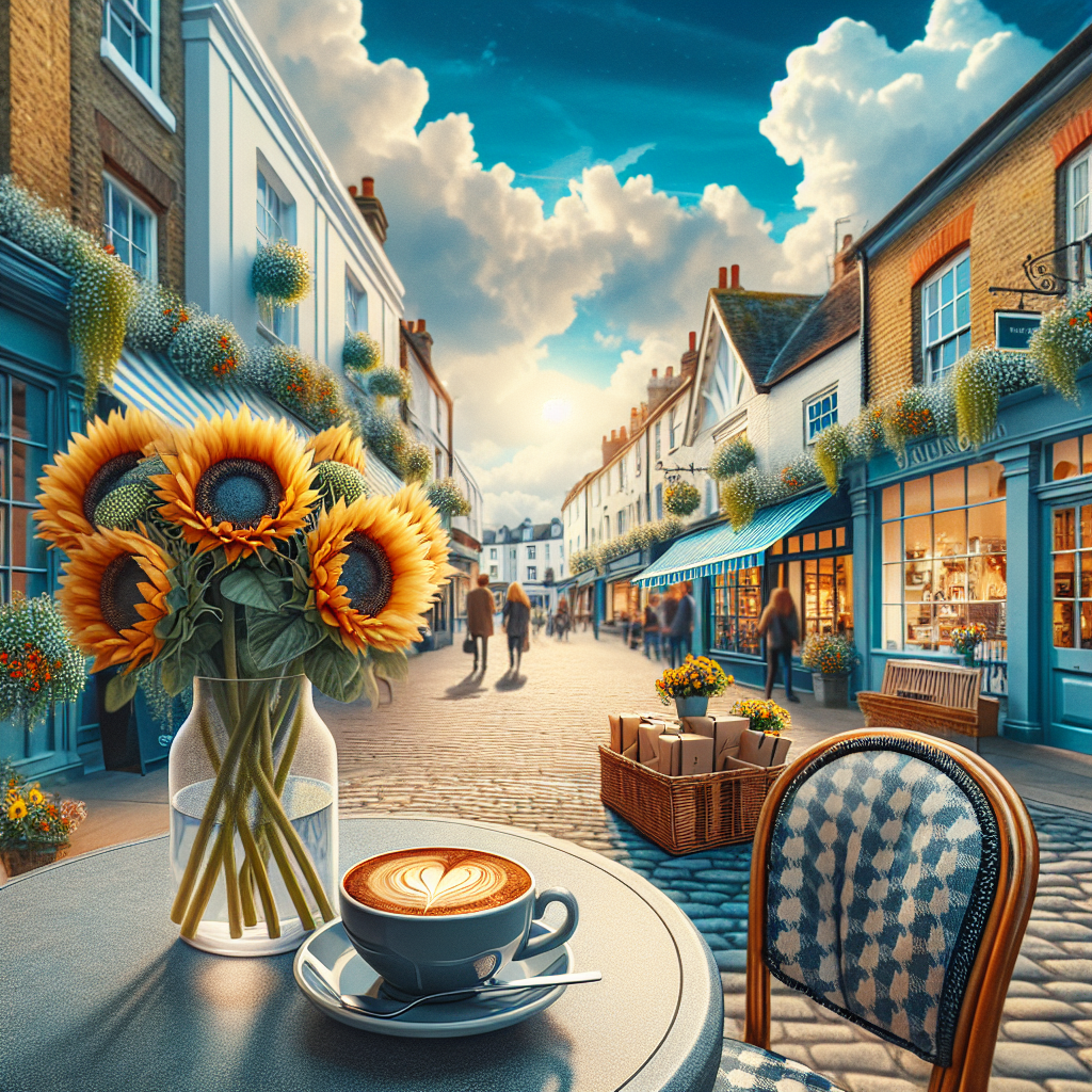Bistro table set for two outside a café , Vinyl records, English market street town, Cappuccino on the table, Love, Sunflowers, Shops, and Blue sky Valentines-day Card