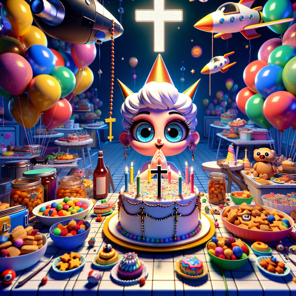 A vividly colored and energetic birthday scene unfolds in an animation style. In the midst of the revelry, a charming character with wide, expressive eyes wears a party hat, holding a rosary, signifying a Catholic belief. Floating above the scene are balloons shaped like spaceships, hovering over a table loaded with snacks and desserts with star-based designs. At the center of the scene is the cake, topped with a gleaming cross, surrounded by edible decorations shaped like celestial bodies. This scene presents a unique merger of spiritual symbolism and a sense of cosmic exploration.
Generated with these themes: Anime, Sci-fi, and Catholic.
Made with ❤️ by AI.