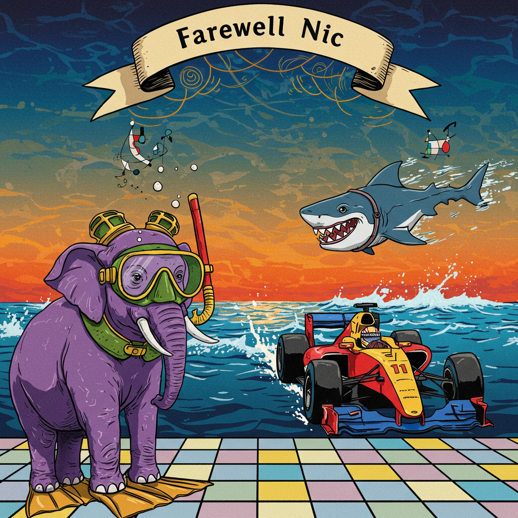 In the foreground of the card, an elephant adorned in whimsical scuba gear stands proudly. Its vibrant purple body is contrasted by a deep green, detailed scuba mask, complete with golden-yellow straps tightly wound around its head. The elephant's snorkel, a striking red, curls upward as if reaching for the sky.

To the right, a shark zooms across the scene in an F1 racing car, painted in a mesmerizing Mondrian-inspired palette of red, blue, yellow, and black. The car's geometric shapes and bold lines pay homage to the De Stijl movement, while the shark, grinning toothily, sports an exaggerated helmet that gleams silver against its sleek, cobalt body.

The backdrop is a burst of abstract expressionism. Splashes of vivid blues, swirling whites, and dabs of sandy browns evoke a sense of oceanic motion, reminiscent of Jackson Pollock's dynamic strokes. Above, the sky is a deep Rothko-esque expanse of layered oranges and reds, creating a rich gradient that transitions to deep indigo at the top.

In the center of this kaleidoscope, an abstract banner gently arcs across the upper quadrant of the scene. It's a whimsical tangle of lines and shapes à la Miró, with delicate, scribbled lines of gold weaving through. Bold, graphic letters in black proclaim "Farewell Nic," standing out amid the swirling background, their edges crisp and defined.

Below, nestled amid a swirl of forms and colors, a grid of pastel rectangles reminiscent of Agnes Martin’s work subtly frames the entire scene, bringing a serene order to the chaotic playfulness.
Generated with these themes: Elephant wearing scuba gear and a shark driving f1 racing cars.
Made with ❤️ by AI.
