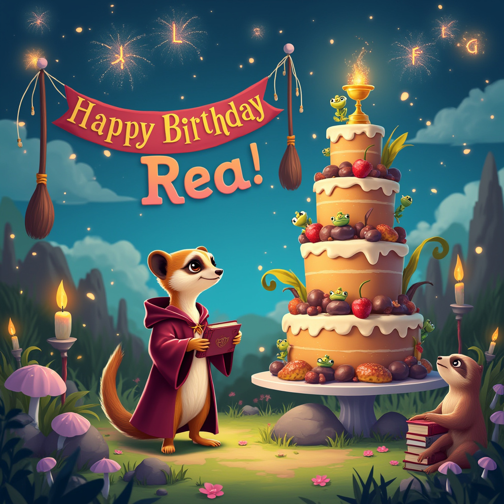 In a whimsical, vibrant cartoon landscape reminiscent of a magical school setting, a cheerful scene unfolds. At the heart of this enchanting scene stands a tall, whimsical cake tower, adorned with chocolate frogs leaping from tier to tier, casting playful shadows. The cake is topped with an animated, golden snitch that hovers above, flapping its tiny wings. Above the cake, a brightly colored banner is strung between two floating broomsticks, with bold letters that spell out “Happy Birthday, Rea!” in swirling, magical script, shimmering like the night sky.

To the left of the cake, a delightfully animated meerkat, decked out in a Gryffindor robe complete with a tiny wand tucked into its waist tie, stands on a small rock podium. Its wide, friendly eyes are focused intently on a cute sloth companion sitting beside it. The sloth, draped in a Slytherin robe that hangs slightly too big on its slow-moving frame, returns the gaze with a lazy, but endearing, smile.

The background is a lush field of fantastical flora and fauna, with peculiar, luminescent mushrooms dotting the landscape and a few magical creatures peeking from behind bushes. Enchanted candles, suspended mid-air, illuminate the scene with a soft, warm glow. The sky above is a swirling canvas of enchanted fireworks, with vibrant colors spelling out “Rea” in sparkling letters that appear and vanish in a rhythmic dance, captivating any who glance skyward.

Scattered around the scene are magical textbooks and potion bottles, a nod to their wizarding attire, contributing to the theme of a school of magic celebration. The sloth holds a book titled "Spells for the Drowsy" while the meerkat balances a stack of similar books labeled "Wizard Wisdom for the Quick." Their shared delight is evident, radiating a sense of magical camaraderie, perfectly capturing the birthday merriment.
Generated with these themes: : A cute meerkat is saying happy birthday to a cute sloth, They are both wearing Harry potter style robes, and They are both smiling.
Made with ❤️ by AI.