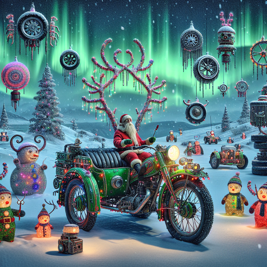 Amid a snowy scene straight out of a dream, a magical sidecar sits center stage, adorned with Christmas decorations and twinkling lights. At its helm, a lovable 'bad dad' figure, wearing an oversized elf costume, fumbles with car part reindeer antlers. The sidecar, flanked by floating car tire snowmen, serves as Santa's unconventional sleigh, with colorful gear handles and spark plug ornaments. Overhead, the Northern Lights flicker, resembling a neon auto repair sign, while the surrealistic Christmas parade advances, powered by an engine-like chorus of clanking pistons and whistling serpentine belts.
Generated with these themes: sidecar/bad dad/car parts.
Made with ❤️ by AI.