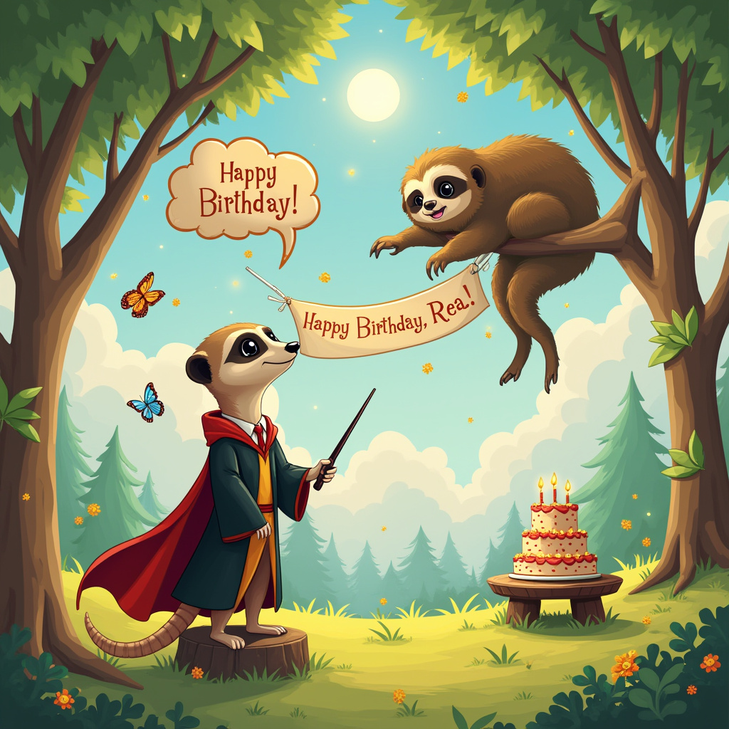 In this delightful birthday scene, picture a sunlit grassy clearing, surrounded by whimsical, gently swaying trees with vibrant green leaves. In the foreground, a charismatic meerkat and an adorably sleepy sloth are both dressed in classic Hogwarts-style robes, complete with capes flowing gently in the breeze. The meerkat stands on a small tree stump, with a wand in hand, enthusiastically waving it in the air as it exclaims "Happy Birthday!" in a playful, cartoon speech bubble. The sloth, lazily perched on a branch overhead, smiles contentedly down at the meerkat. The sloth's robe is slightly oversized, adding to its charm, and its paws gently clutch onto the branch as if in a permanent hug.

Floating above them is a sky painted with soft, cotton-candy clouds, where a mischievous cloud shaped like a spellbook drifts by. The sun's rays pierce through the foliage, casting enchanting dappled shadows on the ground. In the background, a large banner unfurls across the treetops, reading "Happy Birthday, Rea!" in twinkling, magical lettering reminiscent of a wizard's spellbook. A multi-tiered birthday cake, with colorful frosting and lit candles, sits on a small wooden table at the side of the scene. A few enchanted butterflies flit around the cake, their wings shimmering like stained glass in the sunlight, further adding to the magical atmosphere. The entire scene is a lively blend of humor and fantasy, capturing the whimsical charm of classic cartoons with a wizardly twist.
Generated with these themes: A cute meerkat is saying happy birthday to a cute sloth, They are both wearing Harry potter style robes, and They are both smiling .
Made with ❤️ by AI.