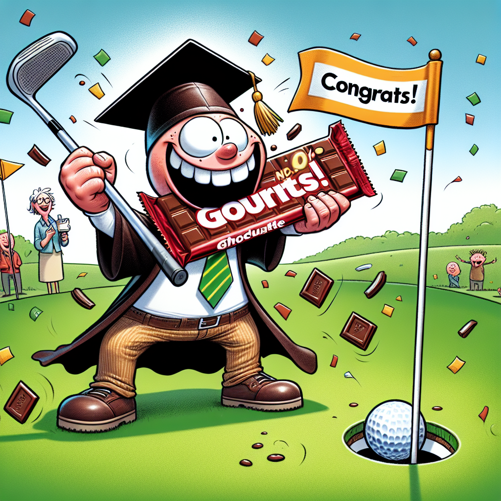 A joyful cartoon character, distinctively attired in an academic cap and gown, exultantly raises a golf club in one hand, while simultaneously biting into a sizeable chocolate bar that carries a label saying 'Congrats!' The gleeful character is firmly placed on a putting green, adjacent to a golf hole denoted by a fluttering flag that proudly proclaims 'No.1 Graduate'. Minutes of celebration are marked by a deluge of confetti raining down from above, thereby further enhancing the feeling of festive accomplishment that characterizes the entire scene.
Generated with these themes: Golf, Chocolate bar, and Graduate .
Made with ❤️ by AI.