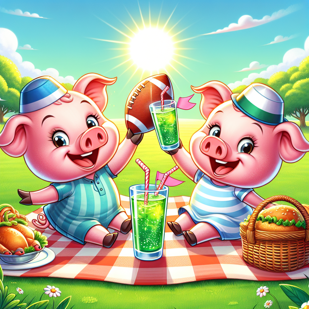 Illustrate a heartwarming cartoon scene featuring two endearing pigs, of a South Asian descent to include diversity, joyously marking their anniversary. They're engaging in a playful game of passing a football between them. The backdrop presents a cheerful picnic setup under the brilliant sun. In the lush, green field, a checkered blanket has been spread out, upon which sits a wicker basket. Adjoining it, two glasses filled with a revitalizing beverage gleam under the sunlight, contributing a toast-like element to the festive atmosphere.
Generated with these themes: Pigs , Football, and Drink.
Made with ❤️ by AI.