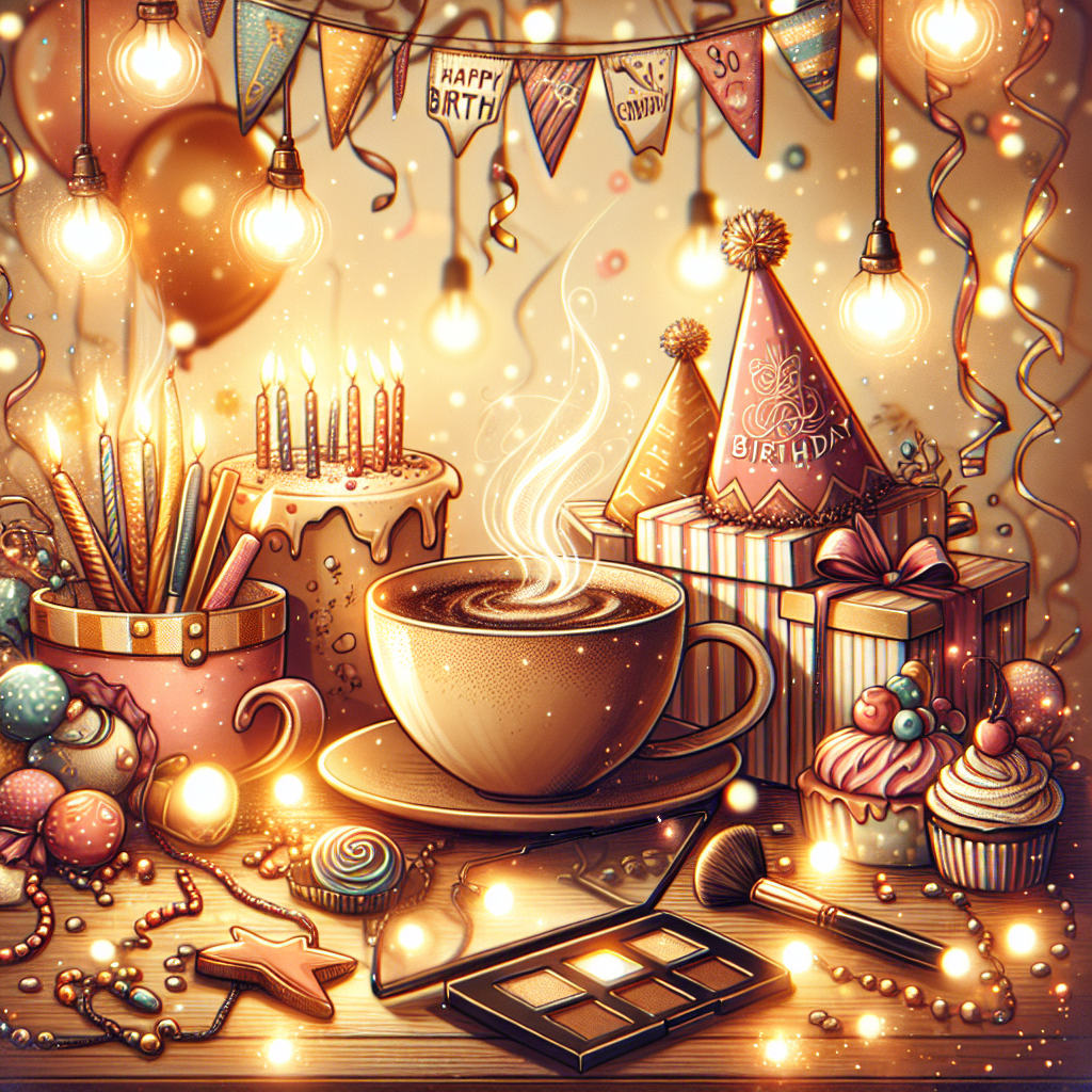 Create an image of a warm and joyous birthday scene, focusing on a cozy coffee corner adorned with twinkling lights and festive party decorations. The scene should include party hats, streamers, and an elegant makeup palette placed casually among the revelry. The centerpiece of the scene is a large, inviting cup of coffee, which emits a pleasing aroma that blends with the smell of sweet birthday treats. Be sure to include delicate hand-drawn elements to give the image a personal, inviting feel.
Generated with these themes: Make up, and Coffee.
Made with ❤️ by AI.