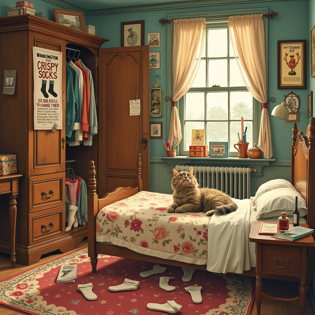Imagine a quaint, old-fashioned bedroom, inspired by the cozy, detailed environments of Norman Rockwell and the whimsical touches of Quentin Blake. The room is cluttered but charming, with an antique wooden dresser, a bed with a floral quilt, and scattered toys reminiscent of Maurice Sendak's illustrations. A pair of well-worn, crispy socks lies on the floor near the bed, exaggeratedly stiff and comically upright, as if they've been abandoned for years. 

On the bed, a fluffy tabby cat, with a look of pure disdain, is batting at one of the crispy socks, adding a touch of humor with its exaggerated, wide-eyed expression in the style of Beatrix Potter's animal characters. Above the bed, a poster features a comically serious vintage advertisement for "Wankington Crispy Socks - So good, you’ll forget to change them!" The exaggerated typography and playful layout of the poster give a nod to Edward Gorey’s delightfully bizarre style.

In one corner of the room, an open wardrobe reveals a hidden stash of more crispy socks, all neatly hung as if they were prized possessions, each one more absurdly stiff than the last. Hanging from the wardrobe's door is a quirky "Sock Preservation Kit," complete with tiny bottles of "Crispifier" and "Sock Starch" as if inspired by a whimsical catalog drawn by Maxfield Parrish.

To the side, an open window with billowing curtains lets in sunlight, illuminating a small table cluttered with an array of colorful birthday cards and a half-eaten birthday cake, hinting at a recently celebrated birthday. One card prominently features a cartoonish figure giving a cheeky wink, holding up a crispy sock on a stick like a trophy, adding an additional layer of humor and absurdity to the scene.

Every element, from the detailed textures of the wooden furniture to the playful, exaggerated expressions of the cat and the cheeky figure, comes together to create a humorous, richly detailed illustration that tells a whimsical story of crispy socks and birthday shenanigans.
Generated with these themes: Crispy sock, and Wanking.
Made with ❤️ by AI.