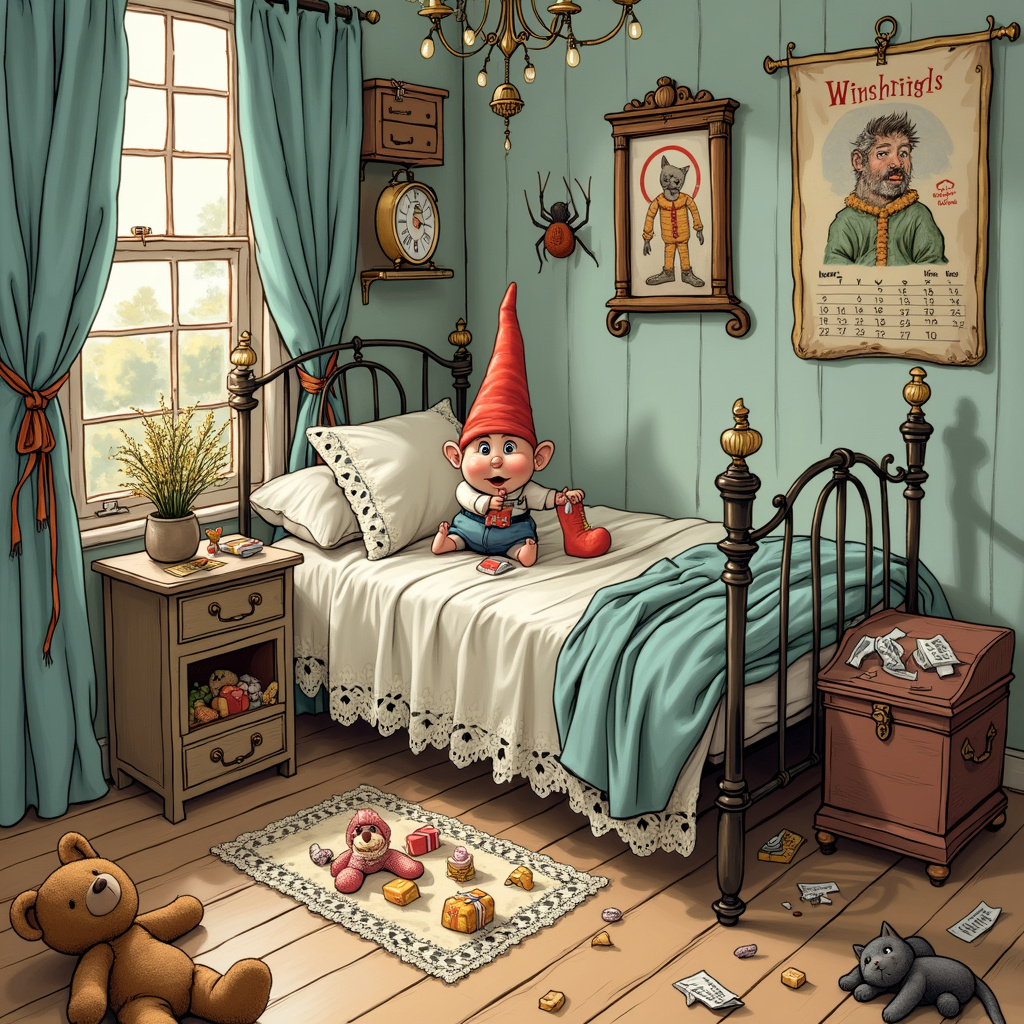In a quaint, whimsical bedroom reminiscent of a cross between Quentin Blake's playful chaos and Edward Gorey's intricate lines, an unexpected story unfolds. The scene is set with a soft, warm glow filtering through lace curtains, casting gentle patterns on the wooden floor. The room is cluttered with objects that tell tales of childhood and whimsy: a teddy bear missing an eye, an old toy chest with its lid ajar, revealing stuffed animals and forgotten treasures.

Central to the scene is a comically exaggerated sock hanging off the corner of an antique, iron-framed bed. The sock, detailed with whimsical patterns akin to Beatrix Potter's animal attire, is noticeably crispy and stands upright on its own, an absurdity that invites laughter. Strewn beside it are crumpled tissues, whimsically illustrated with Maurice Sendak-like characters, hinting subtly and humorously at the theme of "wanking."

On the bed, a playful tableau unfolds: a cheeky gnome-like creature, perhaps inspired by Arthur Rackham's impish figures, is caught in the act of sneaking away with another sock. His expression is one of mischievous delight, with twinkling eyes and a wide grin, clearly enjoying his pilfered prize. The details of his tiny shoes and pointed hat are lovingly rendered, adding to the charm of the scene.

Above the bed, a calendar hangs, featuring an illustration reminiscent of Norman Rockwell's detailed yet whimsical style. The date circled in red is the birthday, complete with a small doodle of a cake and balloons. On a bedside table, an old-fashioned alarm clock ticks away, surrounded by birthday cards and a small wrapped gift, inviting the viewer to imagine the anticipation of the birthday celebration.

Every corner of the scene is filled with intricate details: a spider in the corner spins a delicate web, a cat curled up on a plush rug, and fairy lights draped haphazardly around the room add a magical touch. The illustration combines humor and whimsy, turning the mundane into the fantastical and creating a birthday card that tells a unique and delightful story.
Generated with these themes: Crispy sock, and Wanking.
Made with ❤️ by AI.
