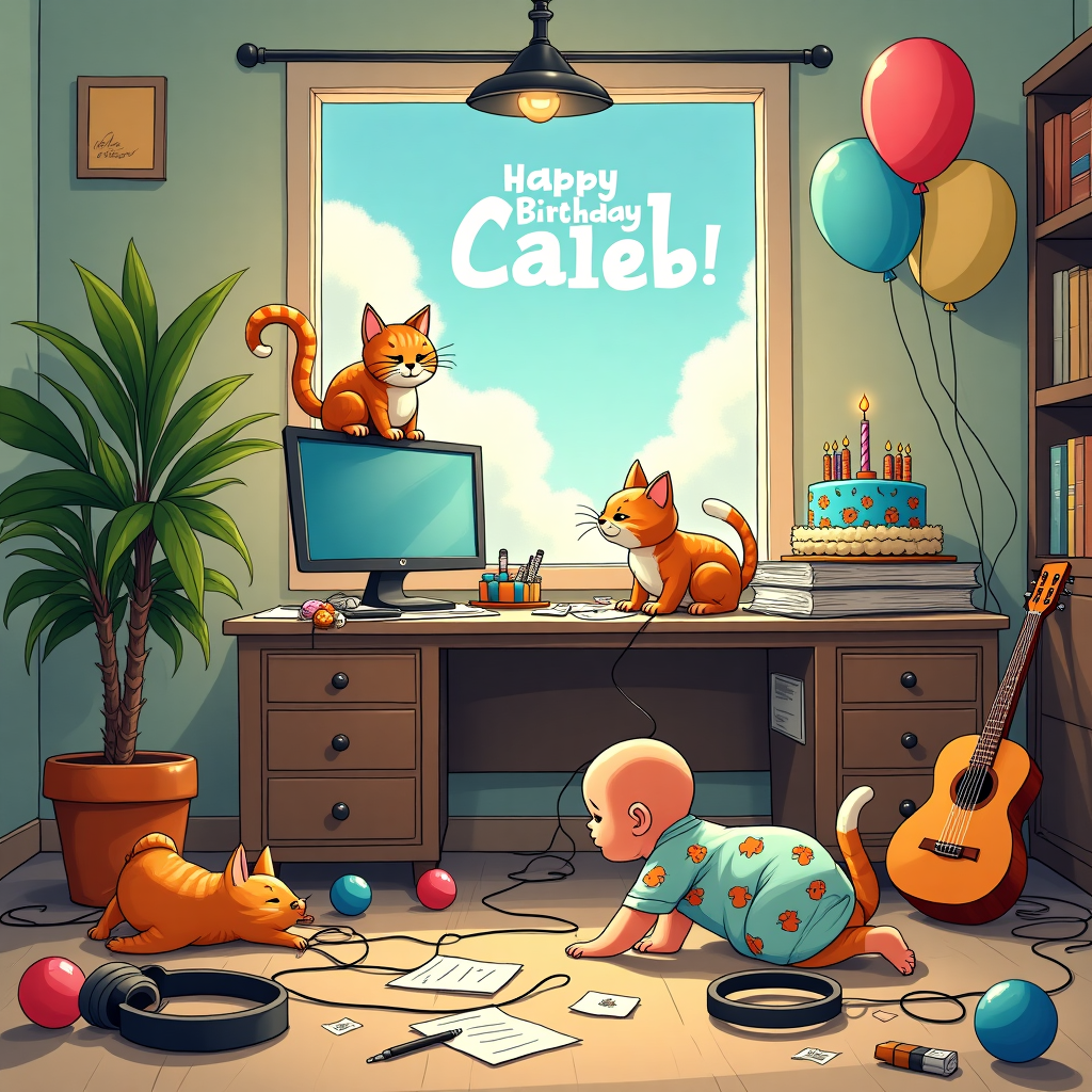 In the center of the card, imagine a bustling, slightly chaotic home office. A desk piled high with scattered papers, sticky notes, and a laptop precariously balancing on one corner. Perched atop the monitor is a cheeky orange and gray tabby cat, swishing its tail with a mischievous glint in its eye. Another cat, equally whimsical, is tangled up in a pair of headphones on the floor. In a corner of the office, a robust indoor plant bends slightly as if leaning in to listen to the action. A small baby, dressed in a onesie with cartoon guitars printed all over, is crawling around, attempting to grab a brightly colored ball with one hand and holding a plush orange cat toy with the other. Next to the desk, a shiny acoustic guitar rests against a comfy chair, its strings shimmering in the light streaming through the window. Outside the window, a fluffy cloud formation spells out "Happy Birthday Caleb!" as a nod to the birthday theme. On the desk, a delectable birthday cake sits, icing colored in vibrant blues and greens, with a single candle burning bright. The cake has "Caleb" written in icing, surrounded by tiny edible guitar decorations. Balloons hover near the ceiling, their strings tangled with the office’s ceiling fan, creating a playful chaos that ties the scene together. Each element of the room dances with life, reminiscent of the style and humor inspired by Schulz, Disney, and Watterson.
Generated with these themes: home office, surrounded by orange and gray cat, a baby, a birthday cake , plants, and guitar.
Made with ❤️ by AI.