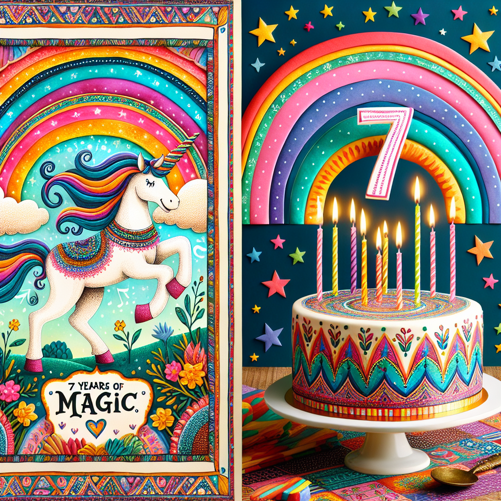 Craft an image capturing a whimsical seventh birthday celebration set in India, with traditional motifs. The centerpiece should be a delightful unicorn boasting a flowing mane, gamboling under a multi-hued rainbow. Adjacently, showcase a decoratively dressed cake towering with seven alight candles. Incorporate the phrase '7 Years of Magic' floating overhead. Merge vibrant hues with festive components to create a moment encapsulating the jubilant spirit of a child's birthday.
Generated with these themes: Rainbow , Unicorn, India, Cake, Birthday , and Seven years old.
Made with ❤️ by AI.