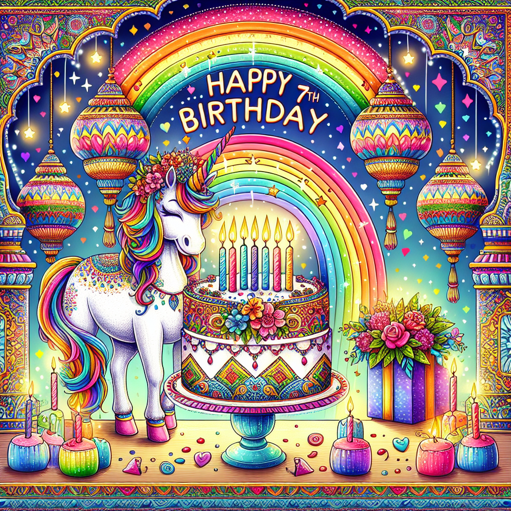 Create a delightful and cheerful birthday-themed illustration, where a vibrant rainbow is arching gracefully over a magical unicorn standing proudly at the center of a lively celebration. The surrounding decor is deeply inspired by Indian culture, featuring intricate patterns and vivid colors. In the foreground, there's a sumptuous birthday cake garnished with seven twinkling candles, symbolizing the birthday boy's age. Above the scene, there are the gleefully written words 'Happy 7th Birthday', capturing the spirit of this unique day.
Generated with these themes: Rainbow , Unicorn, India, Cake, Birthday , and Seven years old.
Made with ❤️ by AI.