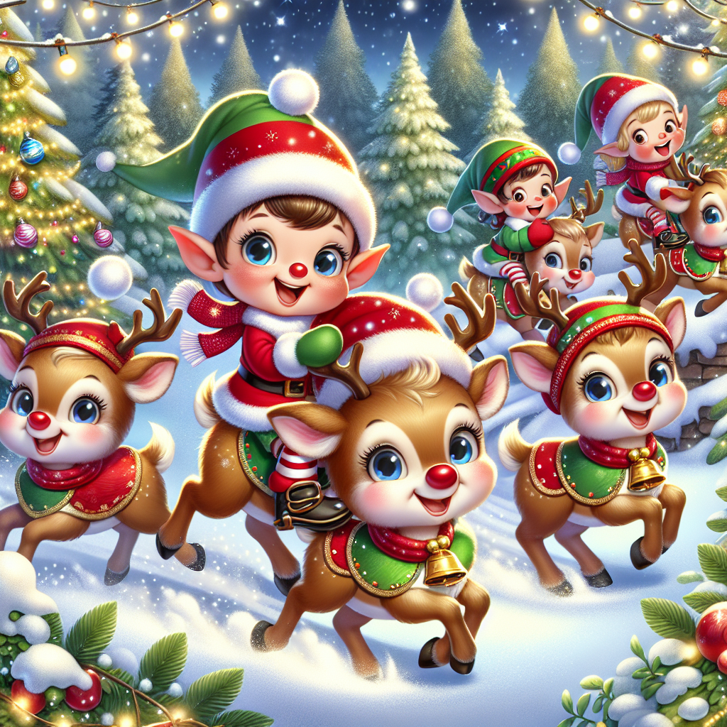 The cartoon portrays charming little elves, wearing festive hats, merrily bouncing on the backs of reindeer. The reindeer, with bright red noses and jingling harnesses, prance through a snowy wonderland bedecked with twinkling lights and baubles on evergreens.
Generated with these themes: elves riding reindeer.
Made with ❤️ by AI.