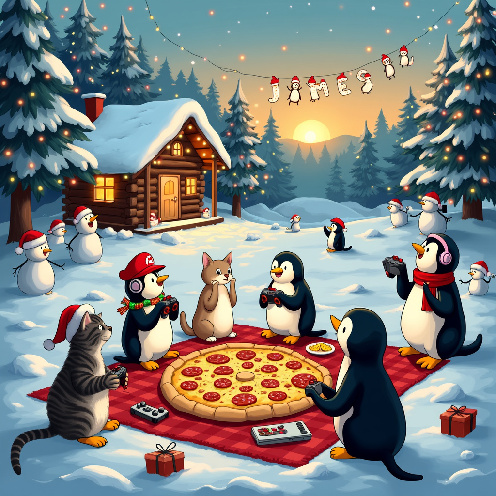 The scene opens on a whimsical snowy landscape, reminiscent of Charles Schulz's Peanuts winter wonderlands, with a frosty forest backdrop. At the center is a cozy log cabin, covered in twinkling Christmas lights that Walt Disney himself might have designed. The snow-covered ground is dotted with snowmen wearing video game character hats—one has Mario's iconic cap, another is sporting Pikachu ears. 

In the foreground, a group of playful cats is deeply engaged in a Christmas-themed video game marathon, their eyes wide and paws expertly maneuvering controllers. One tabby cat is wearing a headset with a built-in Santa hat, while another, a Siamese, has draped a festive garland around itself like a boa. Beside them, a large flat-screen TV shows a mashup of a snowy video game landscape where digital penguins slide around, collecting pizza slices instead of coins. The game on the TV screen has an Osamu Tezuka-esque design, with cute, big-eyed characters and vibrant colors.

To the right of the cabin, a family of anthropomorphic penguins, styled in the charming manner of Bill Watterson’s Calvin and Hobbes, is having a pizza picnic. The penguins are sitting on a red-and-white checkered blanket, sharing a large, steamy pizza with various toppings. One penguin, with a slice in each flipper, is mid-bite, looking utterly delighted.

High above, in the sky formed by fluffy, soft clouds that Winsor McCay might have drawn in Little Nemo, the name "James" is artistically spelled out by a group of flying cats holding a string of illuminated Christmas lights. The lights twinkle like stars, making "James" stand out in glowing, cheerful letters. The sun sets in the distance, casting a warm golden hue over the entire scene, and the snowy landscape reflects the colors like a radiant winter wonderland.

Every element is rich in detail, from the individual snowflakes glistening on the ground to the intricate patterns on the pizza toppings. This festive, bustling scene is packed with delightful nods to the holidays, video games, cats, penguins, and, of course, pizza—all converging to tell a unique, joyful Christmas story for James.
Generated with these themes: Cats, Computer games, Snow, Penguins , and Pizza.
Made with ❤️ by AI.