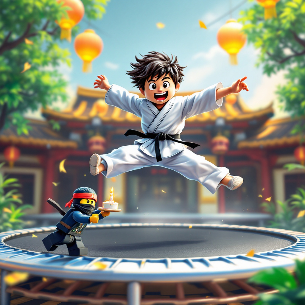 In a lively and vibrant cartoon scene, the birthday card cover bursts with action and adventure. The foreground is dominated by a gleaming trampoline, positioned in the center, its springs visibly straining as an excited young Taekwondo enthusiast, donned in a white dobok with a black belt, leaps into the air. His expression is one of pure joy, with wide eyes and a broad smile. Mid-jump, he’s frozen in a perfectly executed flying side kick, his limbs gracefully splayed out.

To his left, a Lego Ninjago-inspired ninja character, recognizable by his colorful mask and nimble stance, balances on one leg on the trampoline's edge, preparing to join the airborne fun. He holds a miniature birthday cake in his hand, with a single candle that flickers comically, despite the action-packed scene around him.

Behind the trampoline, a whimsical dojo backdrop stretches across the scene, complete with paper lanterns and bamboo accents, adding a playful nod to the martial arts theme. Above this, a cloud-dappled sky draws the eye upwards. Amongst the clouds, a formation spelling out "Happy Birthday Rishaan!" is cleverly crafted, with letters appearing as if shaped by wind currents, giving a dynamic and flowing feel to the greeting.

In the distance, rolling hills and playful cartoon animals, such as a panda practicing his own awkward Taekwondo moves and a rabbit bouncing happily, add depth and humor to the scene. The sun peeks over the horizon, casting a warm glow across the trampoline and participants, tying together the playful energy of the illustration. This birthday scene, infused with action, creativity, and a personalized touch, captures the spirit of fun and celebration.
Generated with these themes: Taekwondo , Ninjago, and Trampoline .
Made with ❤️ by AI.