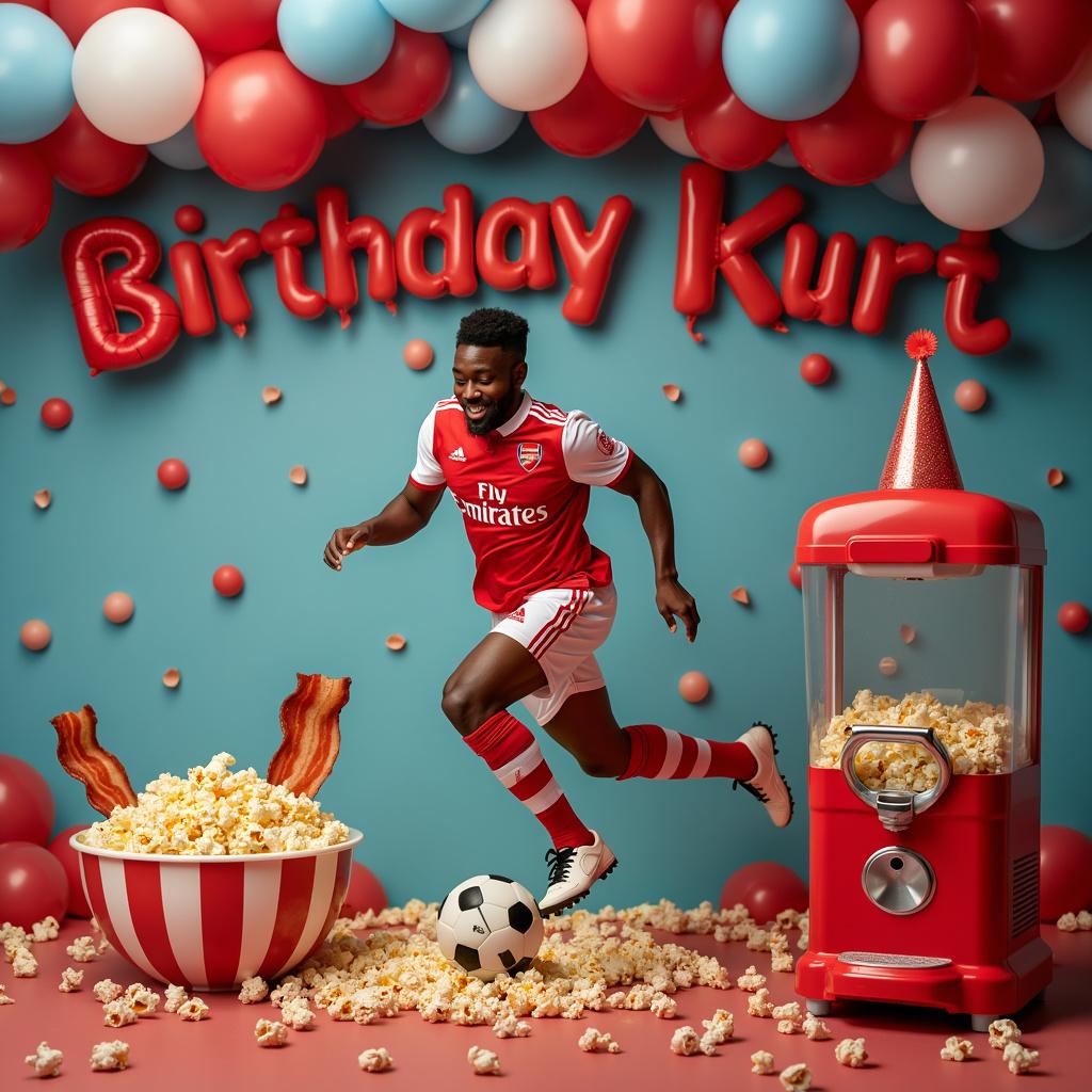 The design showcases a festive and quirky birthday scene tailored for Kurt, a black footballer who supports Arsenal. At the center, Kurt is depicted in an Arsenal football kit, jubilantly dribbling a soccer ball. Around him, a party atmosphere unfolds, characterized by an abundance of balloons and streamers in the Arsenal red and white colors. To the left, a bowl of popcorn is humorously styled to look like a football, with each kernel painted in alternating red and white to mimic the stitching on a football. To the right, a giant bacon strip wears a party hat, its wavy shape resembling a festive ribbon. In the background, a cheerful slushie machine dispenses a two-tone slushie, with red and blue layers representing Arsenal's colors. Above the slushie machine, the number '29' is prominently displayed, signifying Kurt's age, crafted from glittering red foil balloons. The words 'Happy Birthday Kurt' cascade above the entire scene, spelled out in bold, fun letters, each containing elements of a football's pattern. The scene is infused with a sense of humor and expresses a love for football, good food, and fun times.
Generated with these themes: Kurt, Black Footballer, Arsenal , Popcorn, Bacon, Slushie, 29, and Love.
Made with ❤️ by AI.
