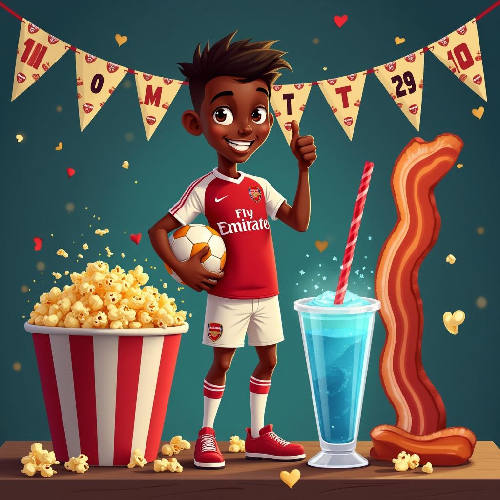 In this detailed vector birthday scene, the focal point is Kurt, a black footballer character rendered in a dynamic pose, holding a classic Arsenal football under his arm. He stands proudly in his red and white Arsenal jersey, complete with matching shorts and boots. Flanking Kurt on either side are fun, football-themed snack items: to his left, a vividly red-and-white striped bucket overflows with buttery popcorn, each piece sporting a tiny green Arsenal crest. To his right, an anthropomorphic piece of bacon gives a thumbs-up, its fatty areas glistening like confetti in the party light. At Kurt's feet sits an oversized, frosty blue slushie cup, with a red spiral straw swirling whimsically out from its lid. Hovering beside it is a number '29' sculpted from a sparkling material that catches the light, hinting at Kurt's age. In the background, festive banners with a football pattern drape across the scene, punctuated by a statement of 'Love' festooned in bold, Arsenal-themed typography. Each element is meticulously illustrated, providing a clear visual script for the artist.
Generated with these themes: Kurt, Black Footballer, Arsenal , Popcorn, Bacon, Slushie, 29, and Love.
Made with ❤️ by AI.