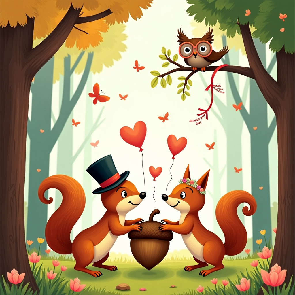At the top of the illustration image, *"ABHINAY & SHRUTIKA — Still wildly in love... like two squirrels fighting over the last acorn!"*

**Image Prompt:**  
A whimsically illustrated forest scene with vibrant colors—towering trees with exaggeratedly swoony expressions, flower bushes giggling, and two adorable squirrels (stylized to subtly resemble ABHINAY & SHRUTIKA) mid-playful squabble over a giant, heart-shaped acorn. The squirrels wear mini wedding hats—a top hat on one, a floral veil on the other. Around them, birds carry streamers reading "Anniversary Vibes," butterflies form hearts in the air, and a wise old owl peeks from a branch with heart-shaped spectacles, clearly rooting for true love. The scene is light-hearted and cheeky, capturing both natural beauty and silly, enduring affection.
Generated with these themes: Nature beauty.
Made with ❤️ by AI.