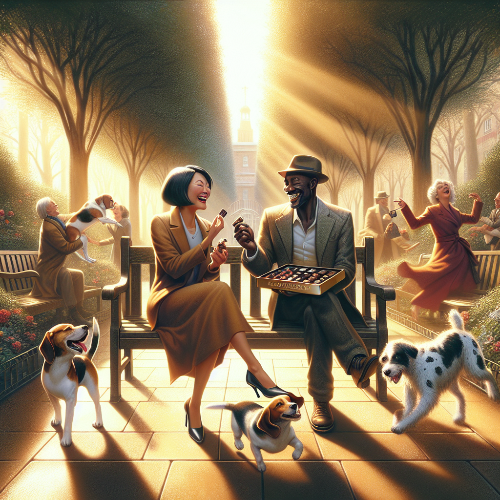 Create an image of a thriving public garden, illuminated by soft, golden hues of sunlight. At the center, there should be an Asian woman and a black man seated on an old-fashioned park bench. They are in the midst of a joyous dialogue, laughing and exchanging bites from a luxurious box of assorted chocolates. In the vicinity, their dogs - one being a playful Beagle and the other a jovial Dalmatian - are enacting an amusing dance sequence, their antics filling the atmosphere with glee, perfectly reflecting the jubilant essence of the couple's anniversary celebration.
Generated with these themes: Flowers, Dance, Chocolate, Sunshine, and Dogs.
Made with ❤️ by AI.