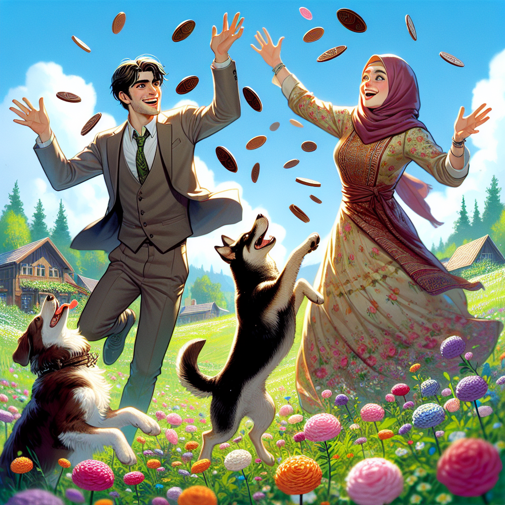 Illustrate an anniversary celebration featuring a young Caucasian male and a Middle-Eastern female, both immersed in a joyful dance amidst a meadow abundant with blossoming flowers. The sky is vividly bright, adding an air of cheerfulness. They are accompanied by two jubilant dogs of unspecified breed, who interject an element of playful disorder by leaping high into the air trying to snatch floating pieces of chocolate. Their antics add a layer of whimsy and humor, making the scene more endearing, thus successfully depicting a heartwarming and delightful atmosphere.
Generated with these themes: Flowers, Dance, Chocolate, Sunshine, and Dogs.
Made with ❤️ by AI.