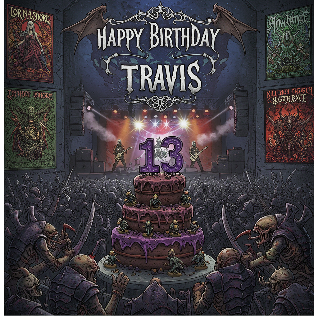 The front cover of the greeting card is a bustling, vibrant scene that depicts a surreal concert setting where Warhammer Tyranids, with their grotesque, insect-like appearances and chitinous armor, are attending a live Slipknot concert. The Tyranids are intricately detailed with segmented bodies, sharp claws, and an array of teeth, enthusiastically blending into the chaotic crowd. 

In the background, Slipknot is performing on stage with their signature masks and intense stage presence, playing amidst flashing lights and smoke effects, rendered in a mix of dark and vibrant hues.

A massive birthday cake stands prominently in the foreground, towering up to a respectable height with layers of decadent, textured frosting in shades of deep purple and black, reminiscent of heavy metal aesthetics. Atop the cake, the number "13" is sculpted in an edgy, gothic font, also in purple, contrasting with the rich, dark colors of the cake. The cake is decorated with tiny Tyranid figures sculpted out of icing, adding a playful yet detailed touch.

A large, ornately designed banner arches above the scene, reading "Happy Birthday Travis" in a bold, heavy metal-inspired font with sharp edges and intricate details, resembling the lettering style of classic band logos. The letters are embellished with metallic shades of silver and gold, glinting against a deep, starry backdrop.

Surrounding the scene, posters for the bands Lorna Shore, Machine Head, Amon Amarth, and Killswitch Engage plaster the walls of the venue. Each poster is designed with unique elements reflecting each band’s distinct style, such as gothic imagery, powerful warriors, and dark landscapes, all illustrated in a manner that draws inspiration from the intricate line work of Aubrey Beardsley and the whimsical detail of Arthur Rackham.

The entire background is a swirling blend of dark colors with occasional bright highlights, resembling a Maxfield Parrish sky, where rich blues and purples create a dreamy yet intense ambiance. The name "Travis" appears subtly integrated into the intricate design of one of the posters, cleverly hidden in the folds of a warrior’s banner or within the sweeping lines of gothic script, allowing the viewer to discover it like a hidden treasure.

The scene is a wild fusion of fantasy, metal, and birthday cheer, capturing a moment of joyful chaos with a detailed, hand-drawn aesthetic reminiscent of the imaginative works of Maurice Sendak and Edward Gorey.
Generated with these themes: Warhammer Tyranids at a concert, watching the band Slipknot. There is a big cake with the number 13 on top, There is a banner that says Happy Birthday Travis, There is a poster for the band Lorna Shore, There is a poster for the band Machine Head, There is a poster for the band Amon Amarth, and There is a poster for the band Killswitch Engage.
Made with ❤️ by AI.