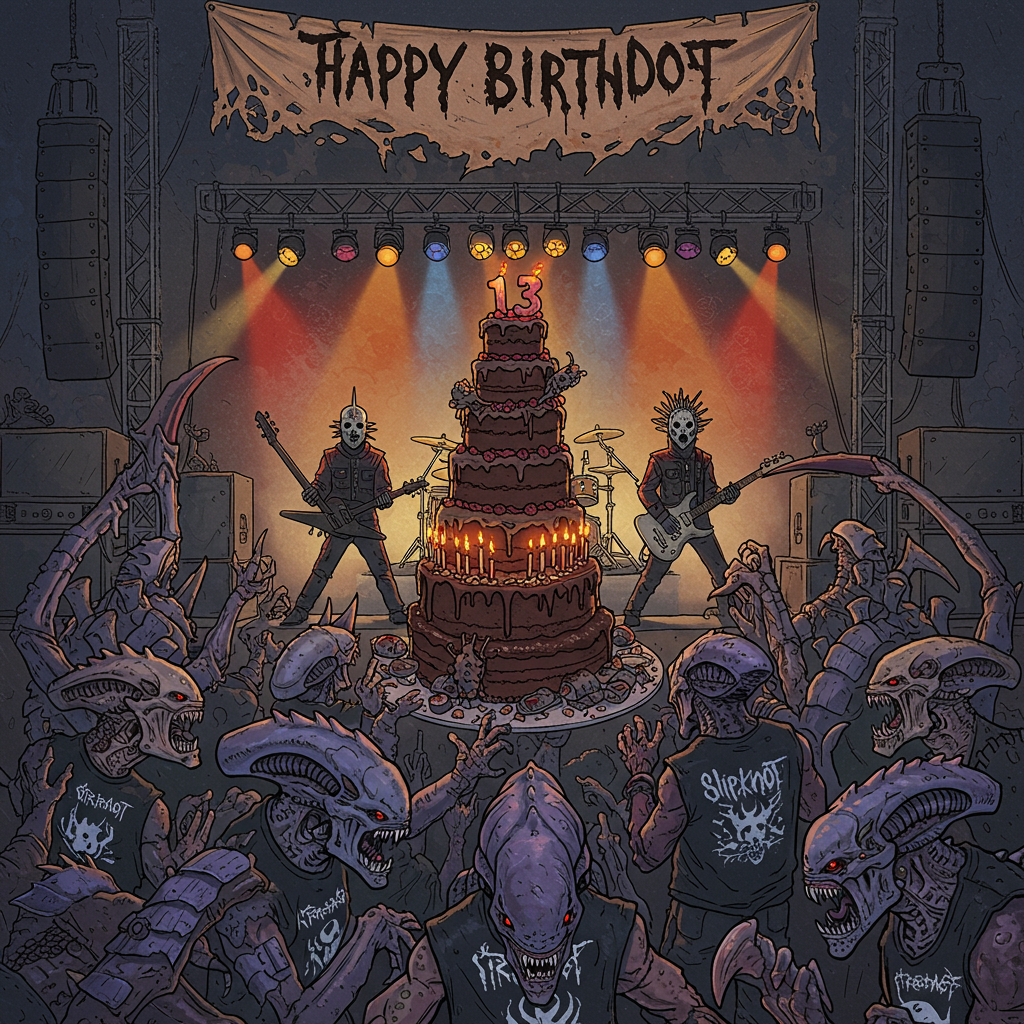**Front Cover Design: "Travis' Intergalactic Birthday Bash"**

**Illustration Style**: A hand-drawn, detailed, and expressive composition mixing the intricate style of Gustave Doré with the whimsical intricacy of Arthur Rackham, infused with a hint of Quentin Blake’s lively linework.

**Foreground Elements**:
1. **Tyranids at a Concert**: In the foreground, a group of Warhammer Tyranids are depicted in animated poses, reminiscent of a mosh pit, with exaggerated features to emphasize their monstrous yet enthusiastic presence. They're adorned with band T-shirts, featuring logos like Slipknot in bold, chaotic designs. The Tyranids have vibrant, intricate textures and scales, blending purples, blues, and blacks, highlighted with metallic accents to reflect stage lights.

2. **Birthday Cake**: Center stage, a towering cake dominates the scene. It’s whimsically gothic, with a dark, rich chocolate base layered with deep red velvet icing. The number "13" is emblazoned atop in flaming candles that emit a soft, warm glow. The sides of the cake are decorated with tiny figurines of Tyranids and musical notes, all carefully detailed.

3. **Banner**: Above the scene, a tattered, medieval-style banner unfurls with "Happy Birthday Travis" scrawled in ornate, Beardsley-esque script. The banner is deep crimson with frayed edges, billowing as if caught in an invisible breeze.

**Background Elements**:
1. **Concert Stage**: Behind the Tyranids, a large stage is set up with the Slipknot band members performing. Their distinctive masks and dynamic movements are captured in mid-performance, with exaggerated theatrical lighting casting shadows and highlights in a rich array of reds, blacks, and electric blues. Instruments like guitars and drums are stylized with intricate Gothic motifs.

2. **Posters**: Alongside the stage, several tattered, vintage-style posters are plastered on a crumbling brick wall. Each poster, though slightly worn, vividly advertises:
   - Lorna Shore, with a shadowy forest motif.
   - Machine Head, featuring heavy metallic and industrial designs.
   - Amon Amarth, with Viking longships and Nordic runes.
   - Killswitch Engage, showcasing fierce, flame-laden imagery.

3. **Sky & Setting**: The sky is an otherworldly mix of swirling nebula-like colors—violet, indigo, and emerald—reflecting an alien landscape. Stars are scattered like diamonds, adding depth to the scene. 

4. **Subtle Detail**: Somewhere subtly nestled within the cake decorations or the sky itself, the name "Travis" is woven into the design—perhaps in the twinkling arrangement of stars or as part of the cake’s decorative piping—ensuring it feels integrated and not overtly prominent.

This detailed yet playful birthday scene brings together the fantastical and musical worlds, creating an unforgettable card for Travis's milestone celebration.
Generated with these themes: Warhammer Tyranids at a concert, watching the band Slipknot. There is a big cake with the number 13 on top, There is a banner that says Happy Birthday Travis, There is a poster for the band Lorna Shore, There is a poster for the band Machine Head, There is a poster for the band Amon Amarth, and There is a poster for the band Killswitch Engage.
Made with ❤️ by AI.