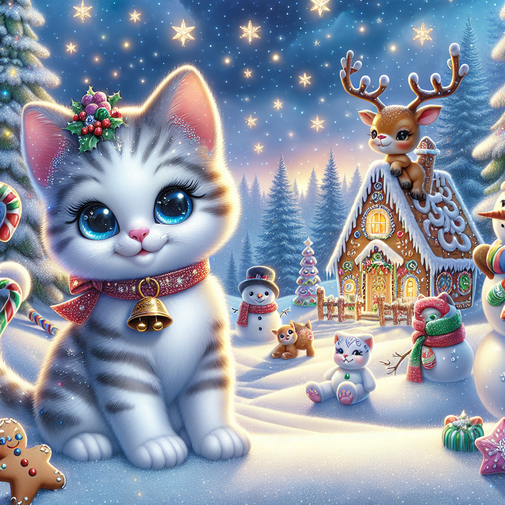 Beneath a clear, starry winter sky, a cartoon kitten wearing a jingle bell collar frolics in the snow. The kitten is surrounded by Christmas-themed friends, including a snowman and a reindeer, in a picturesque clearing. A gingerbread house sits in the background with a path lined by candy canes, completing the magical holiday setting.
Generated with these themes: kat.
Made with ❤️ by AI.