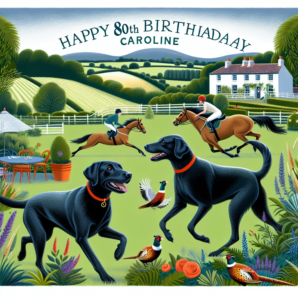 Create an engaging illustration for an 80th birthday celebration. The setting should be a picturesque countryside with two lively black Labradors playfully cavorting in a quaint garden. Further back, include some graceful horses captured in the middle of a race, to embed a sense of excitement and friendly competition into the scene. Incorporate free-roaming pheasants into the lush landscape, allowing them to blend effortlessly into the rural environment. Above the tranquil scene, implement bold letters that curve to say 'Happy 80th Birthday Caroline', giving a sincere and personal touch to the heart-warming backdrop.
Generated with these themes: 2 black Labradors, Horse racing, Countryside , Gardening , Pheasants , and Happy 80th birthday Caroline.
Made with ❤️ by AI.