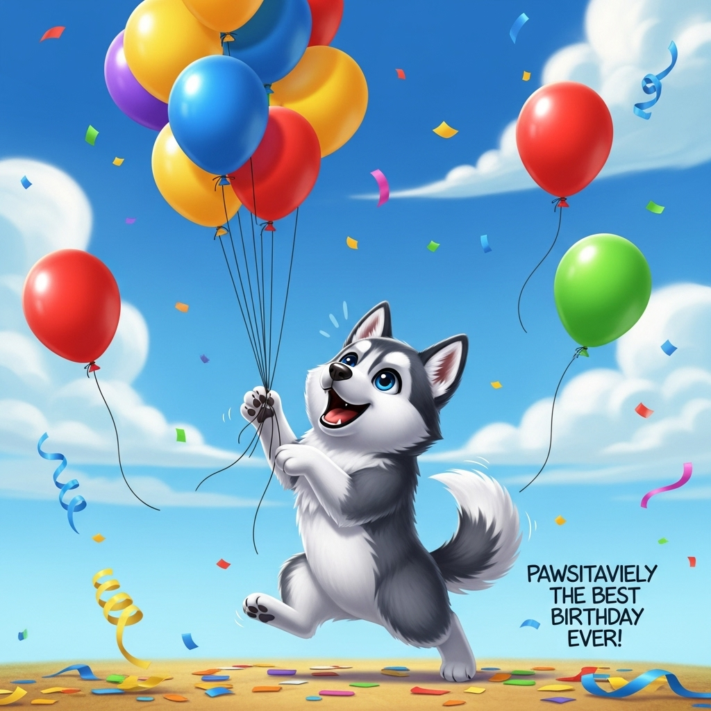 Cartoon husky with balloons , and Birthday Card