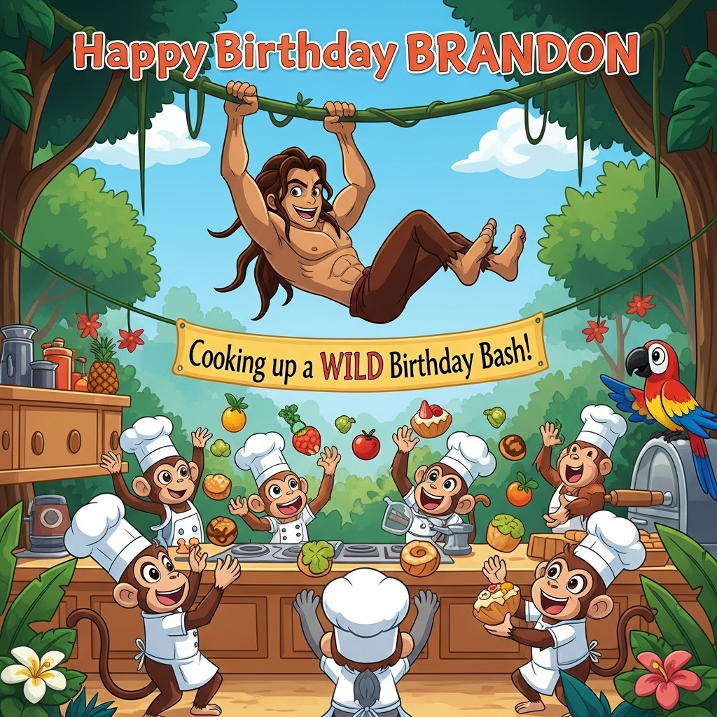 At the top of the Cartoon Style image, write "Happy Birthday BRANDON".

---

**Image Description:**

In a vibrant and whimsical cartoon scene, a lively anime character inspired by Tarzan swings joyfully on a vine. His exaggerated muscles and comically wild hair add a playful flair to the scene. Below him, a quirky jungle kitchen unfolds. Various jungle creatures—think cute monkeys and smiling parrots—assist in a whimsical cooking party. They're wearing adorable chef hats, tossing fruits and jungle-themed pastries in the air with exaggerated expressions of excitement. The background bursts with vivid greens and tropical flowers, creating a jungle birthday celebration full of cheer. 

A tiny banner hangs between two trees, cheekily saying, "Cooking up a WILD Birthday Bash!" in bold, cheerful letters, enhancing the festive atmosphere.
Generated with these themes: Anime character , Tarzon , Cooking , and .
Made with ❤️ by AI.