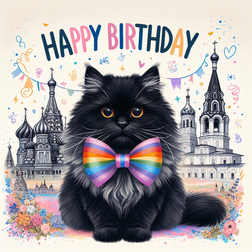 Create a cozy birthday scene focusing on an adorable fluffy black cat at the heart, proudly sporting a vibrant, rainbow-striped bow tie, symbolizing LGBT+ inclusivity. The backdrop should be imagined in soft pastel colors, peppered with recognizably Russian elements such as the stunning spires of historic churches like those seen in the 16th century, and the intricate florals reminiscent of traditional Russian Zhostovo painting. Artistic splashes and doodles should frame the image, adding a spirited, creative touch that incorporates the party theme while celebrating the LGBT+ and Russian nuances.
Generated with these themes: Black cat, LGBT+, Russia, and Art.
Made with ❤️ by AI.