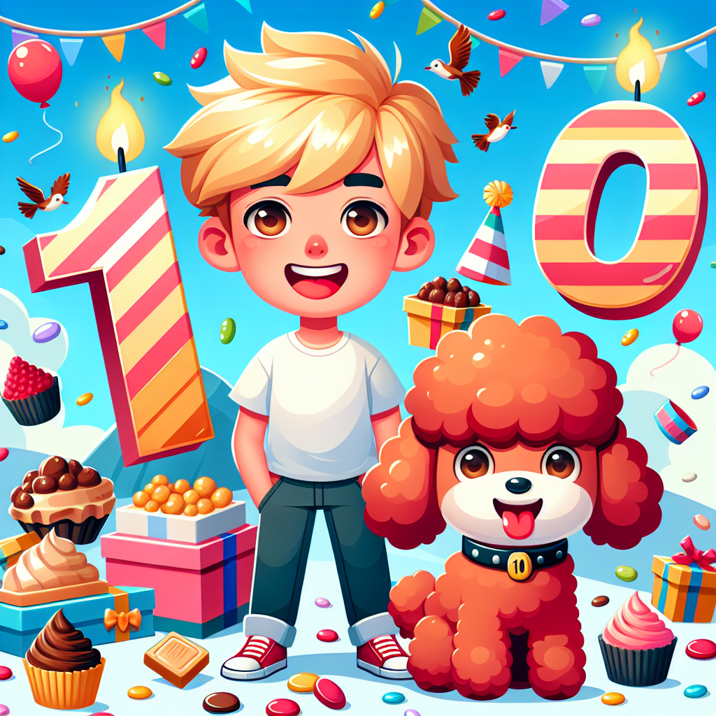 Visualize a delightful and cute vector-style birthday theme full of vibrant colors and playful elements. In the middle of the scene stands a happy Caucasian boy with blonde hair with his brown eyes full of joy, with a jubilant red poodle by his side. Scattered throughout the scene are little sweets resembling peanut butter cups adding a sugary touch. The background, animated with elements inspired by popular video games, celebrates the boy's hobby, and a large '10' symbolizes his age. To complete this festive atmosphere, illustrate birds flying around, contributing a sense of natural whimsy.
Generated with these themes: Blonde boy with brown eyes, Red poodle, Reece's peanut butter cups , Fortnite, Age 10, and Birds.
Made with ❤️ by AI.
