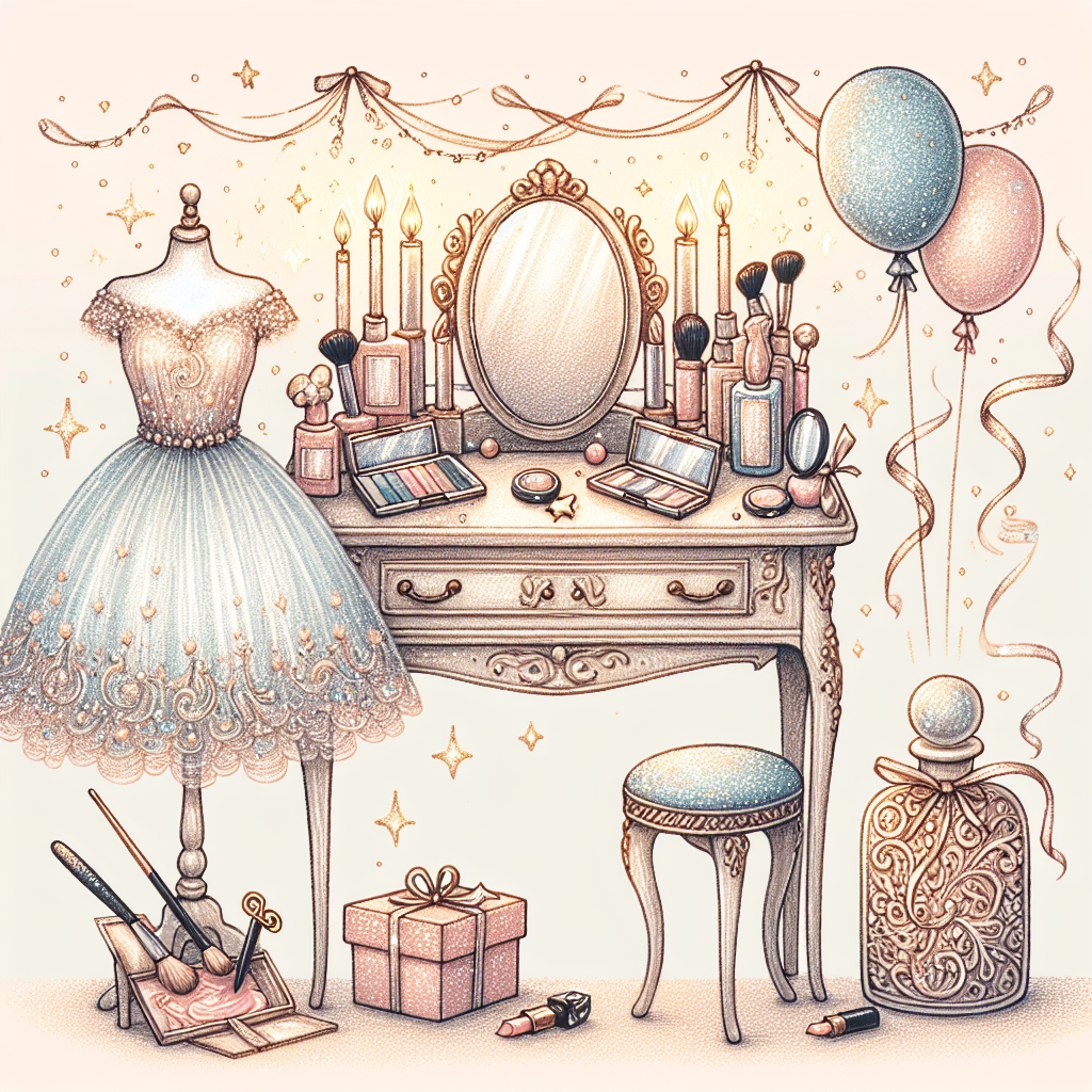 Make a delicate illustration of a fanciful birthday scenario using a mild pastel color scheme. The focal point should be a vanity table decorated with small makeup items such as an eyeshadow palette, a blush brush, and lipsticks. Above the table, find sparkling dresses drawn with glitter ink, waving as if mildly touched by wind. Positioned next to the vanity should be a set of ornate perfume bottles, their complex patterns implying charming fragrances inside. The background should be embellished with a festive array of balloons and streamers, tying up the celebration context.
Generated with these themes: Make up, Perfume , and Dresses.
Made with ❤️ by AI.