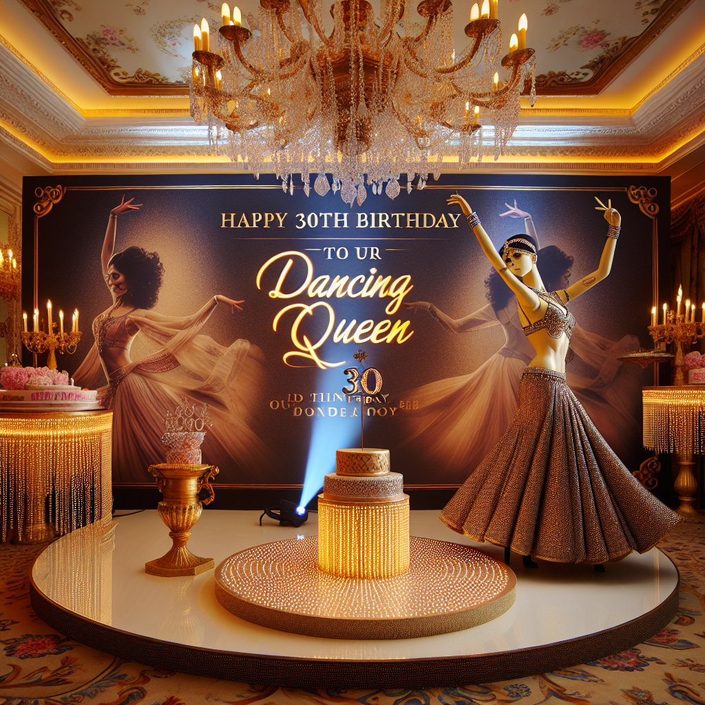 The room is decorated in a refined birthday theme, prominently showcasing a large banner that declares 'Happy 30th birthday to our dancing queen.' The setting is heightened by intricate details that capture the soul of Indian culture. A poised mannequin, designed to resemble a Bollywood dancer, stands near the cake table, clad in a dazzling costume that sparkles under tender lighting, providing an immersive experience as if guests are attending an opulent Indian dance event. The tasteful decorations embody the happiness and enthusiasm of celebrating a 30th birthday with a deep passion for Bollywood dance.
Generated with these themes: Bollywood dancer at 30th birthday celebration, Happy 30th birthday to our dancing queen Shreen/banner, and India.
Made with ❤️ by AI.