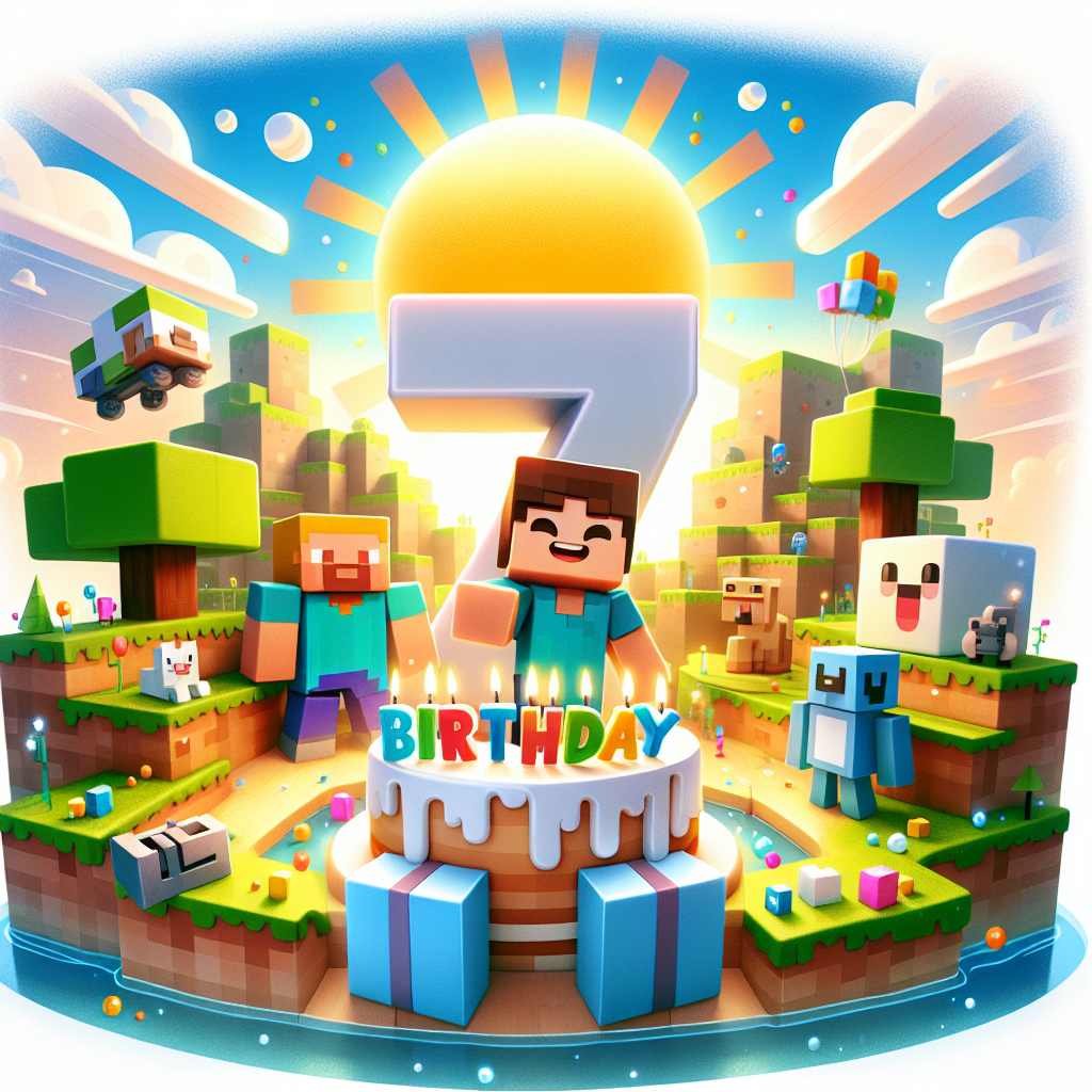A delightful birthday scene represents a lively environment where the number '7th' is centrally positioned, marking a child's age. The playful world of a well-known block-building game materializes around the number with cubic trees, a luminous sun, and cheerful creatures. The child's name is spelled out with bold, blocky typography, reflecting the font commonly seen in the game. In the foreground, a character with blue shirt and brown hair, similar to a well-known game character, holds a birthday cake adorned with seven candles to commemorate this significant event.
Generated with these themes: 7th Ben Minecraft .
Made with ❤️ by AI.