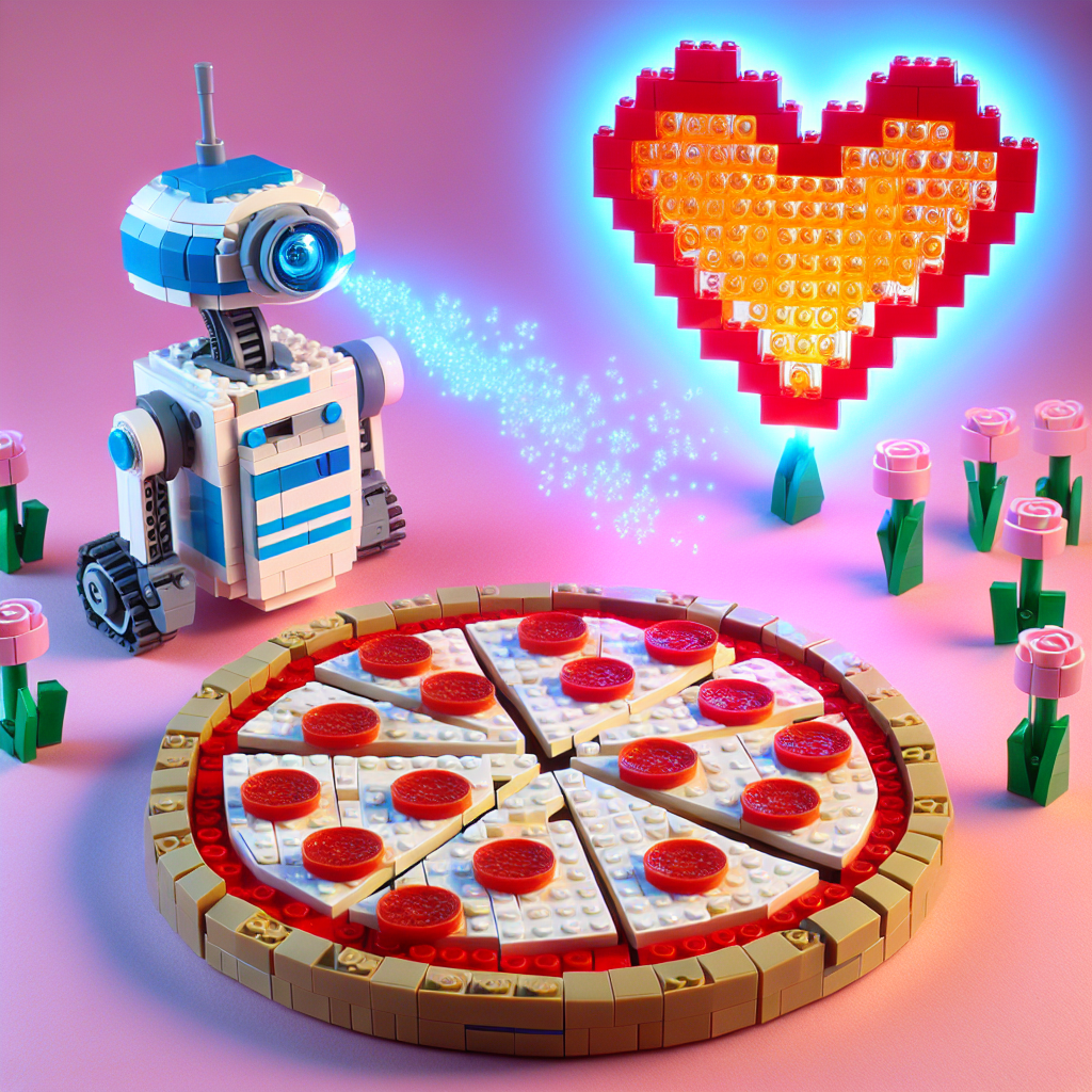 Pepperoni pizza made from lego , R2d2 projecting a love heart, and Pastel Lego flowers in the background Valentines-day Card