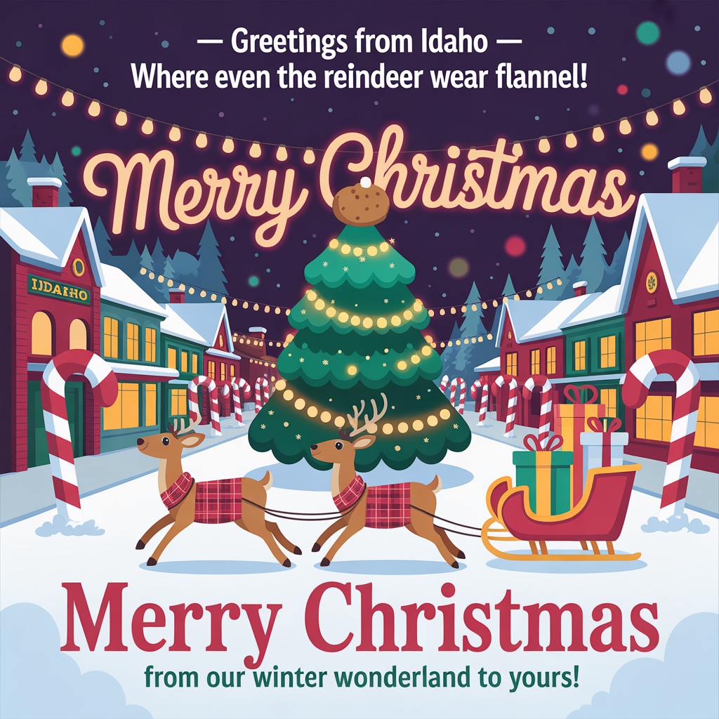 At the top of the image, "Greetings from Idaho – Where Even the Reindeer Wear Flannel!"  

At the bottom of the image, "Merry Christmas from Our Winter Wonderland to Yours!"  

— In the center, create a vibrant, bold, cartoon-style snowy Idaho town square lit up with twinkling fairy lights and giant candy canes lining the streets. A whimsical, oversized Christmas tree sparkles in the middle, topped with a glowing potato-shaped ornament. Playful reindeer in cozy red plaid shirts pull a tiny sleigh piled high with brightly wrapped presents, their hooves kicking up puffs of snow. Cute bokeh light effects scatter across the scene, with warm, glowing “Merry Christmas” script floating gently above the rooftops. The palette should be bright, vivid, and saturated with festive reds, greens, and golds.
Generated with these themes: CHRISTMAS , and .
Made with ❤️ by AI.