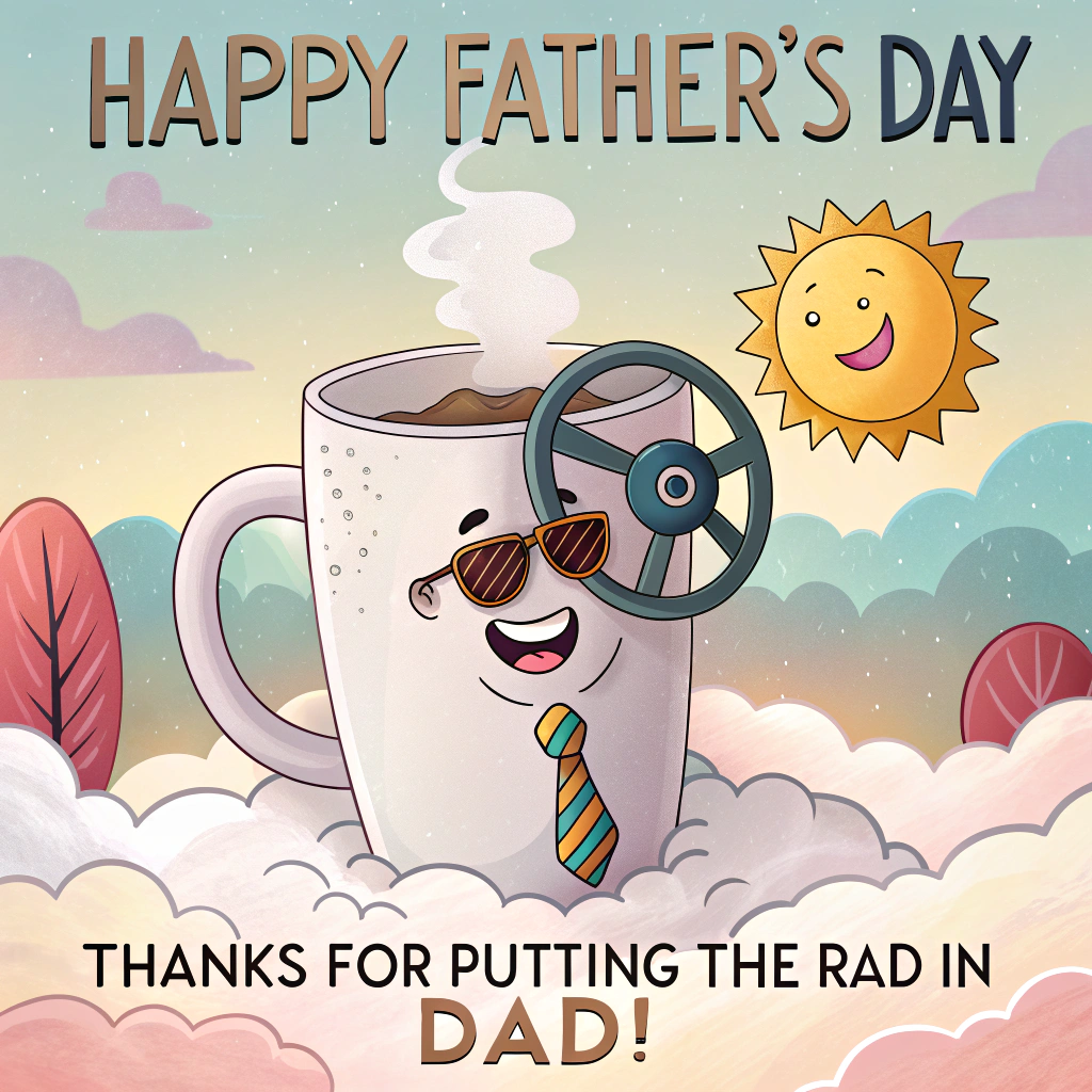 At the top of the image, "Happy Father's Day"

At the bottom of the image, "Thanks for putting the 'rad' in 'dad!'"

- Create a whimsical scene featuring a giant, surreal coffee mug with a handle shaped like a steering wheel, perched atop a cloud. Inside the mug, there's a smiling sun wearing a tie and sunglasses, sipping from a straw. Around the mug, playful, pastel-colored clouds and floating, oversized ties drift through the dreamlike sky.
Generated with these themes:  Happiness , and .
Made with ❤️ by AI.