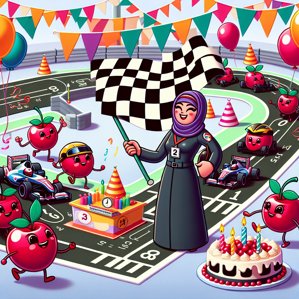 Illustrate a lively birthday party happening in the noticeable surroundings of a stylized Formula 1 circuit. Place a Middle-Eastern female teacher dressed as a race marshal in the middle who is waving a checkered flag, indicating the commencement of the race for an ensemble of cherries outfitted in racing attire. These cherries accelerate around a racing lane embellished with mathematical computations and festive accessories. The scenery is punctuated with party hats, streaming ribbons, and a birthday dessert garnished with race-themed toppings, imparting a funny and festive atmosphere.
Generated with these themes: Teacher, Formula 1, Cherries, and Red Bull Racing.
Made with ❤️ by AI.