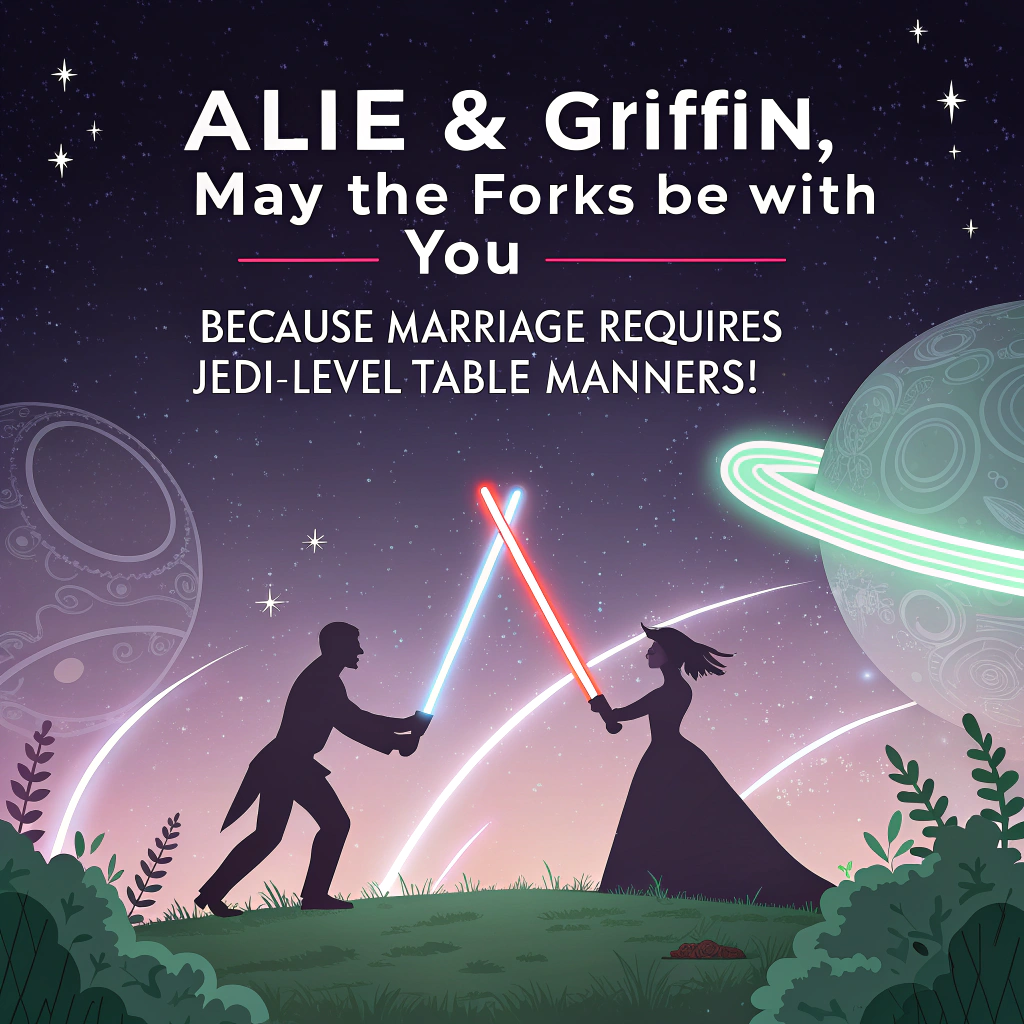 At the top of the image, "Alie & Griffin, may the forks be with you — because marriage requires Jedi-level table manners!"

- The abstract image features surreal silhouettes of two lightsabers intertwined like wedding rings, glowing neon pink and green.
- Floating around the scene are oddly-shaped, stylized planets with wedding veils and top hats orbiting each other.
- In the background, star constellations form vaguely humanoid figures — one resembling a Wookiee tossing confetti, the other a droid holding a bouquet.
- Everything is rendered in a dreamy, slightly chaotic blend of pastels and cosmic textures, suggesting romance… and light intergalactic chaos.
Generated with these themes: Star wars.
Made with ❤️ by AI.