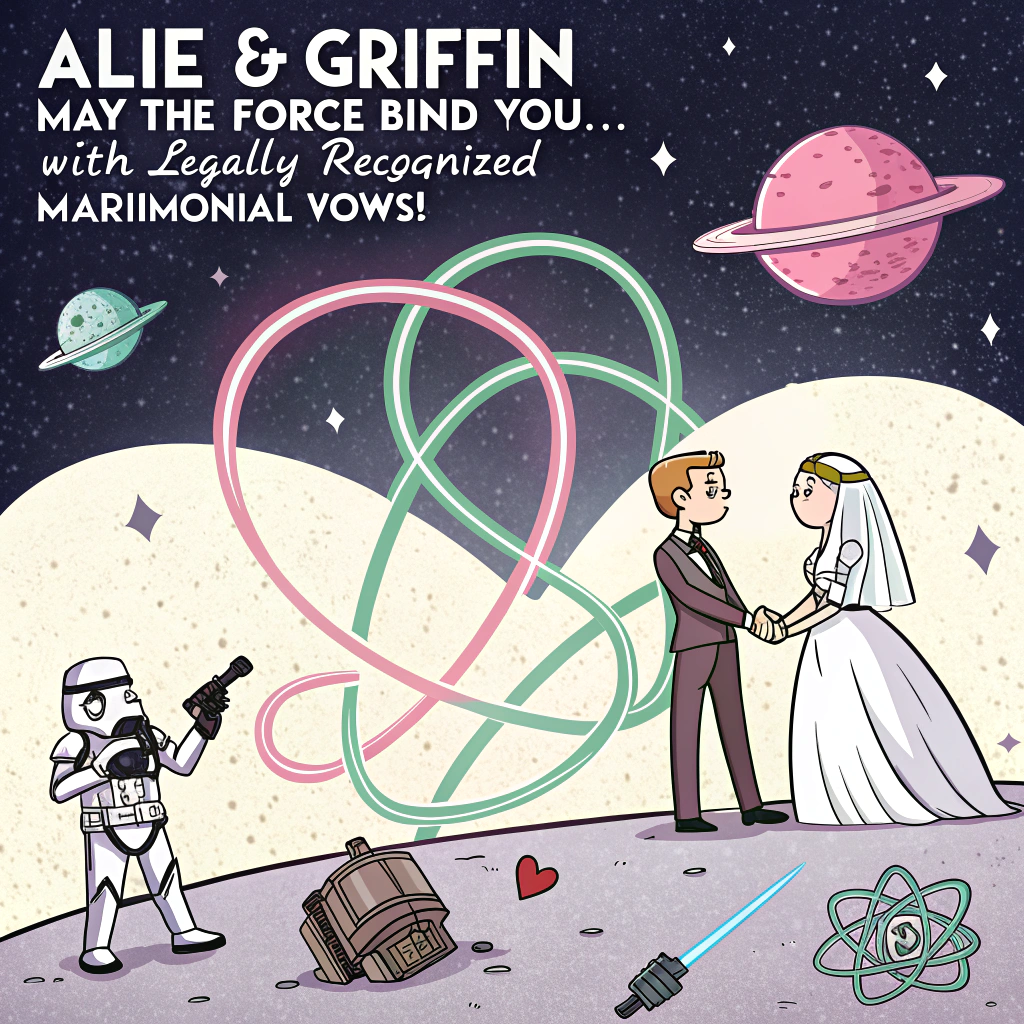 At the top of the image, "Alie & Griffin – May the Force Bind You... with Legally Recognized Matrimonial Vows!"

- The image is an abstract, chaotic swirl of starry galaxies and planetary rings forming into the loose shape of two lightsabers—one pink and one green—tangled into a heart-shaped infinity symbol.
- Scattered within the background are odd floating elements like stormtrooper helmets doubling as champagne flutes, a Millennium Falcon morphing into a wedding cake, and little R2-D2-like figures tossing flower petals from their compartments.
- A comical abstract version of Yoda officiates in the corner, his face obscured but one green hand holding a bouquet while another points sternly at a ring floating in midair.  
- The entire color scheme pops with space-y neons: electric blues, shimmering purples, laser greens, and celebratory gold accents.
Generated with these themes: Star wars.
Made with ❤️ by AI.