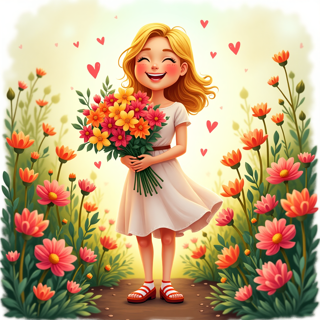 At the top of the image, "Anne, may your blooms be muddy but magnificent!"

Create an illustration capturing a whimsical scene: A woman with radiant blonde hair is grinning widely, her face alight with joy as she tenderly holds a vibrant bouquet of freshly picked flowers. The garden around her is brimming with an array of colorful blossoms basking in the gentle rays of a sunny day. Despite the pristine blooms, the woman's dress and shoes are adorably smudged with earthy garden soil, a testament to her playful and nurturing spirit. The entire scene is infused with a sense of warmth and love, embodying the essence of a delightful Mother’s Day moment without directly showing a mother.
Generated with these themes: Woman with blonde hair smiling and holding some flowers in her hand. She is standing in a garden on a sunny day and she is muddy.
Made with ❤️ by AI.