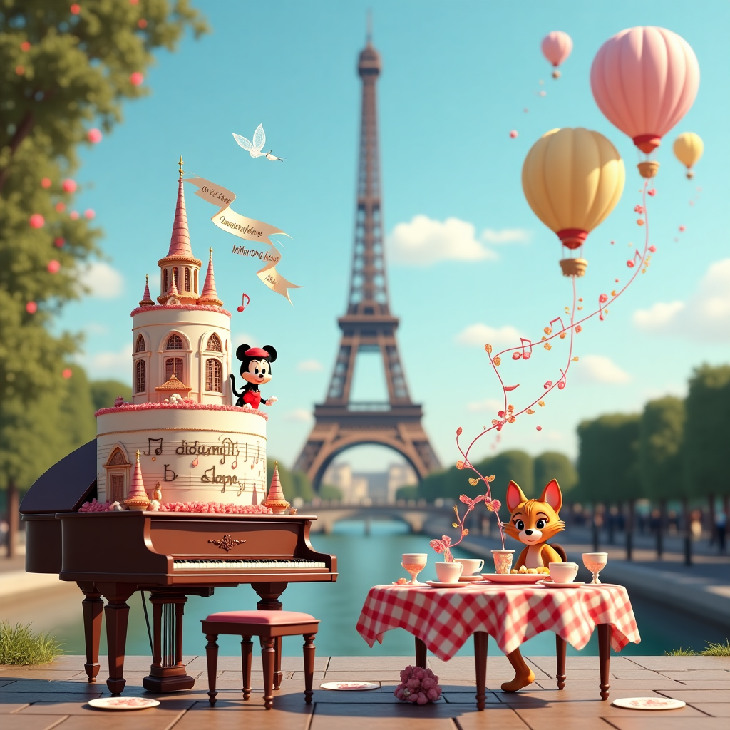 In the heart of Paris, the iconic Eiffel Tower stands majestically against a clear blue sky, adorned with whimsical elements that nod to the magic of Disney and the elegance of classic music. At the base of the tower, a grand piano is set on a cobblestone street, with its lid open, revealing a cascade of sheet music fluttering like leaves in the gentle breeze. The sheet music forms the shape of Mickey Mouse's ears, creating an enchanting visual link to Disney. Nearby, a charming, anthropomorphic cartoon cat wearing a beret and a bow tie, reminiscent of Aristocats, elegantly plays the piano with a playful paw. 

In the foreground, an intricately designed birthday cake shaped like Cinderella's castle, with pastel icing spires and sugared windows, sits on a small café table adorned with red and white checkered tablecloth. The cake's tiers are adorned with delicate miniature Eiffel Towers and musical notes made of chocolate. Atop the cake, spelled out in vibrant icing, are the words "Happy Birthday Daughter Jenna" with a miniature of Tinker Bell delicately perched on the final 'a', her wings dusting the words with a sparkle of edible glitter.

Floating gracefully in the sky are a cluster of hot air balloons, each with a musical instrument motif, like a violin, trumpet, and harp, painted in pastel colors. One of the balloons bears a banner that trails behind it, which reads, "To Our Beloved Daughter Jenna, With Love from Paris." The scene is completed with a small, elegant table setting where a Disney princess tea party is in full swing, as Belle, Ariel, and Aurora sip tea from dainty cups and exchange musical sheet music as gifts, all under the soft, timeless notes of a street musician playing "La Vie en Rose" on a nearby accordion.
Generated with these themes: Paris, Disney, and Classic music.
Made with ❤️ by AI.