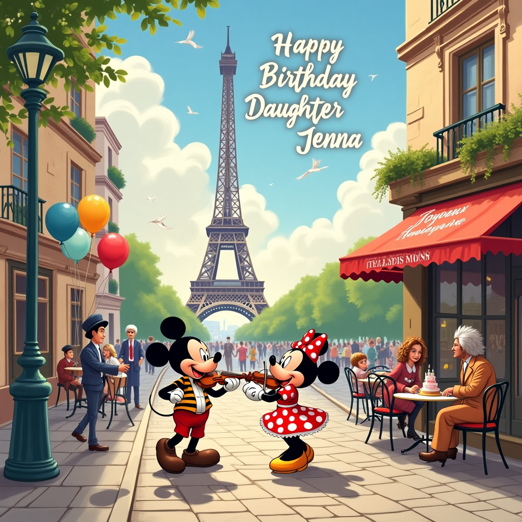 The birthday card front cover features a vibrant, bustling scene set in the heart of Paris, with the iconic Eiffel Tower looming majestically in the background. The sky above is a dreamy mix of pastels, reminiscent of a Monet painting, with soft, fluffy clouds spelling out "Happy Birthday Daughter Jenna" in a whimsical script, as if painted by a masterful Disney animator. In the foreground, a cobblestone street buzzes with life, where classic Disney characters, such as Mickey Mouse and Minnie, are dressed in chic Parisian attire. Mickey sports a beret and striped shirt, while Minnie dazzles in a polka dot dress with a miniature Eiffel Tower on her hat. They playfully entertain a gathering crowd by dancing to a street musician who plays a violin under a lamppost. The musician, inspired by classic composers, wears a Beethoven-style wig and plays a medley of Disney tunes, charming onlookers with his playful renditions. Nearby, a vintage French café with wrought iron chairs and tables is adorned with balloons and a cake that showcases a miniature replica of Disneyland's Sleeping Beauty Castle. In the shop window, a sign reads “Joyeux Anniversaire Jenna” in elegant calligraphy. Street performers, including a mime and an artist painting caricatures, add to the lively, enchanting atmosphere. This delightful fusion of Parisian charm, Disney magic, and classical music creates a captivating scene that celebrates Jenna’s special day in the most memorable way.
Generated with these themes: Paris, Disney, and Classic music.
Made with ❤️ by AI.