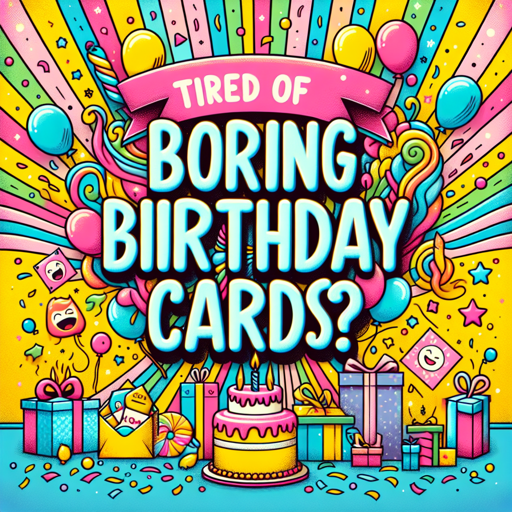 Create a charming 1:1 illustration perfect for a birthday advertisement. The piece should burst with liveliness against a radiant yellow, pink, and blue streaked background adorned with floating confetti and whimsical balloons. The slogan, 'Tired of boring birthday cards?' should stand out in playful, large lettering. Surround this inscription with delightful illustrations of cheerful emojis, a festive birthday cake, and colorful presents, contributing to an upbeat and lively atmosphere befitting a memorable birthday celebration.
Generated with these themes: A vibrant and eye-catching advertisement with a 1:1 ratio. The background is a mix of bright colors like yellow, pink, and blue with confetti and balloons. In bold, fun fonts, the phrase ‘Tired of boring birthday cards?’ is prominently displayed. Include playful graphics like smiling emojis, cake, and presents around the text to create a festive and lively atmosphere..
Made with ❤️ by AI.