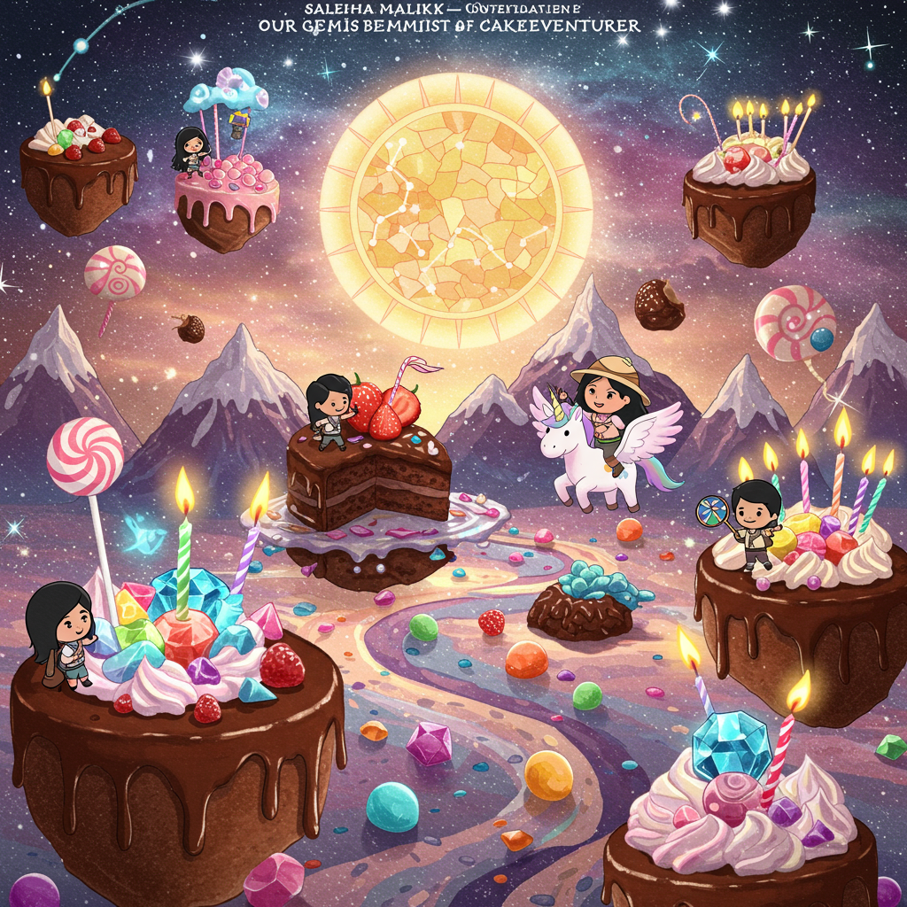 **Prompt:**  
At the top of the abstract image, “Saleha Malik — Our Gemmiest Cakeventurer!”

Create a surreal, abstract dreamscape bursting with chibi-style mini explorers joyriding atop floating chocolate cake islands that drift through a glittering candy galaxy. Jewel-toned geodes and glowing gem-fruits sprout from frosting mountains, casting prismatic reflections across syrup rivers. A chibi version of Saleha rides a candyfloss unicorn with marshmallow wings, waving a candy-cane flag that sparkles with birthday wishes. Twinkling birthday candles float like fireflies around a rainbow-stained-glass sun, illuminating constellations shaped like adventure maps and hidden treasures. The whole scene radiates sweetness, joy, and deliciously weird whimsy.
Generated with these themes: Favourite niece, Adventure, Gems, Chibi, and Chocolate cakd.
Made with ❤️ by AI.