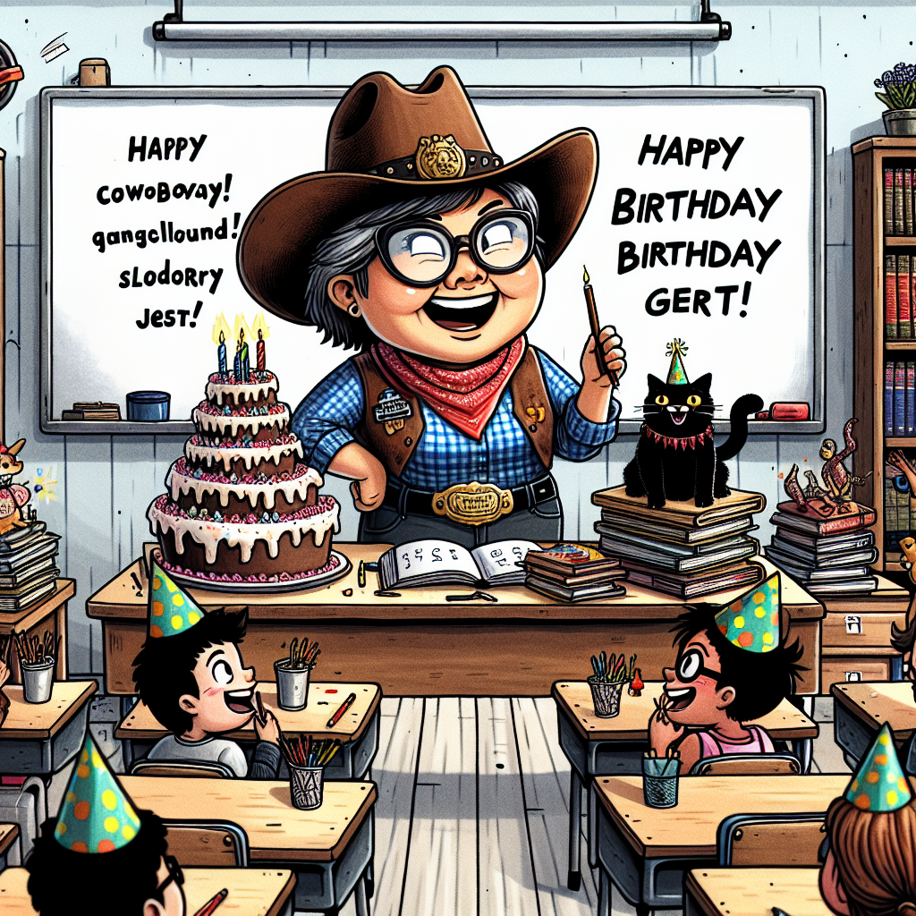 In this enjoyable cartoon birthday illustration, a quirky Asian female teacher, clad in cowboy costume, heckles from the front of a festive classroom. A large whiteboard bears amusing memes fusing traditional cowboy sayings with scholarly jest. An untidy heap of books on a proximate desk is cleverly camouflaged as a birthday cake, festooned with frosting and lit candles. The students of diverse descent, donned in party cones, watch with merriment as a friendly black cat, even adorned with a cowboy hat, springs out of one of the books, contributing to the jovial and comic atmosphere.
Generated with these themes: Cowboys, Books, Memes, Teacher, and Black cat.
Made with ❤️ by AI.