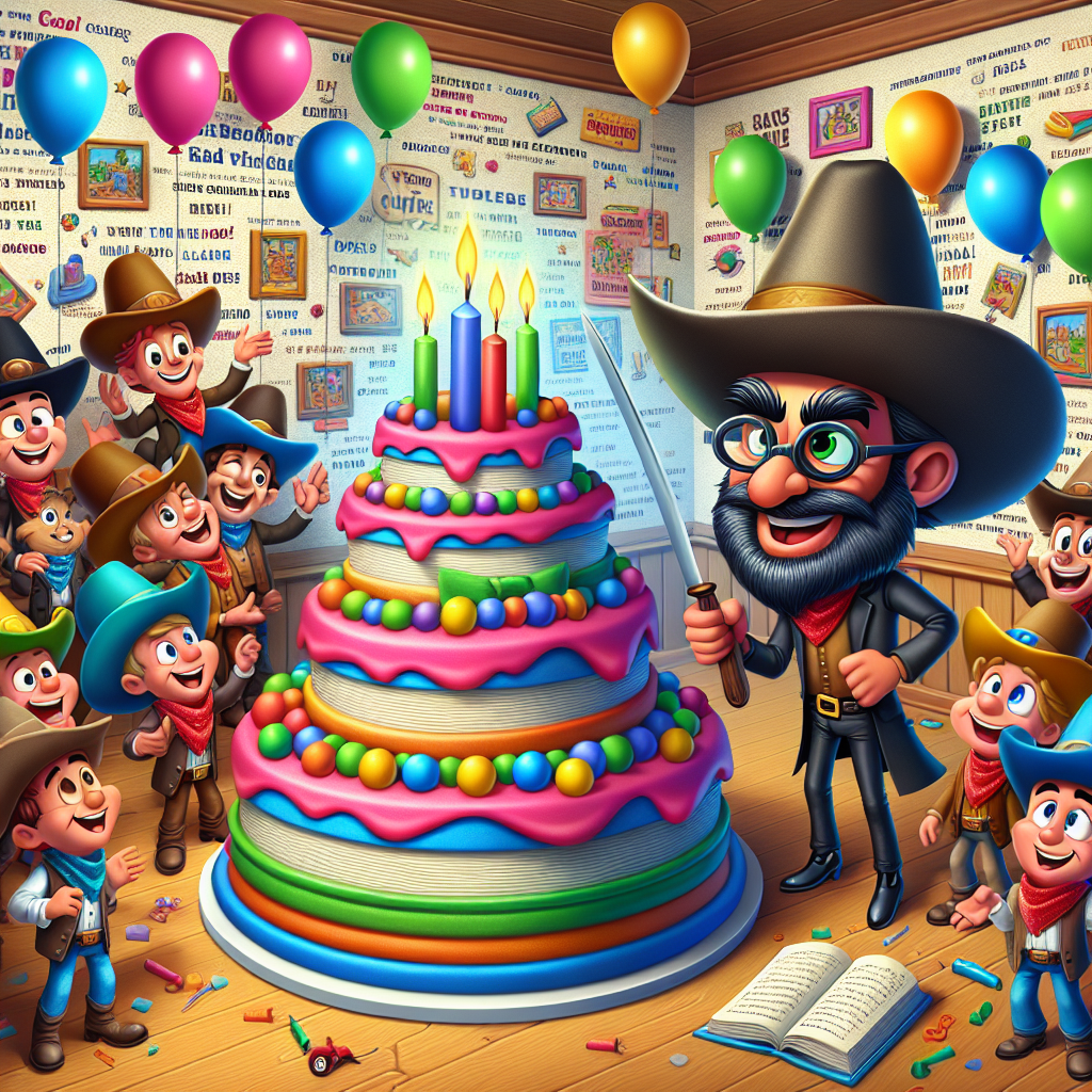 Create a jovial and spirited cartoon birthday scene depicting a diverse and merry group of cowboys with oversized hats. They are gathered around an immense, vivid cake designed like a pile of assorted books. Among them, a Middle Eastern cowboy cartoon character, reminiscent of a teacher, complete with spectacles and a pointer, showcases an exaggerated funny face, poised to slice the cake. The backdrop features walls festooned with colorful and humorous educational puns without any specific references, and a playful black cat wearing a party hat is mischievously interacting with the balloons, resulting in their quirky bobbing and weaving movements.
Generated with these themes: Cowboys, Books, Memes, Teacher, and Black cat.
Made with ❤️ by AI.