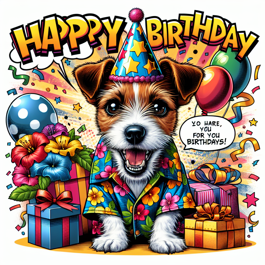 Create a lively illustration oozing with birthday cheer, emphasizing a funny Jack Russell Terrier depicted with an unmistakable comic flair. The tiny, spirited canine is garbed in an eye-catching Hawaiian shirt, detailed with a festive assortment of vibrant flowers and birthday hats. The shirt's entertaining pattern amusingly juxtaposes against the terrier's animated expression. Encircling our star character, comic book-style 'Happy Birthday' speech bubbles, a variety of birthday gifts, and a flurry of confetti finish off this party atmosphere.
Generated with these themes: Comics , jack Russell , Hawaiian shirts.
Made with ❤️ by AI.