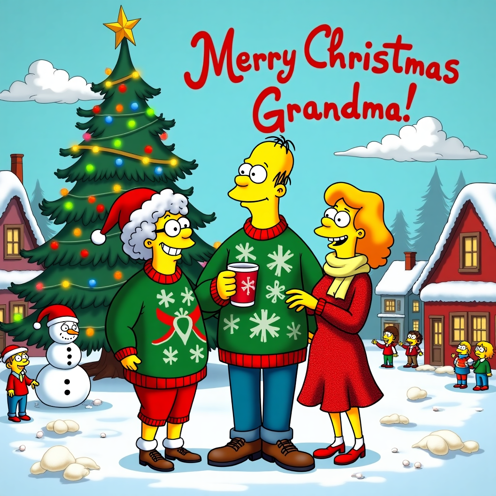 Plump Lady in her 70s with short hair , Stood alongside a tall 40 year old man with no hair and a 30 year old blonde lady, and In the art style of the simpsons Christmas Card